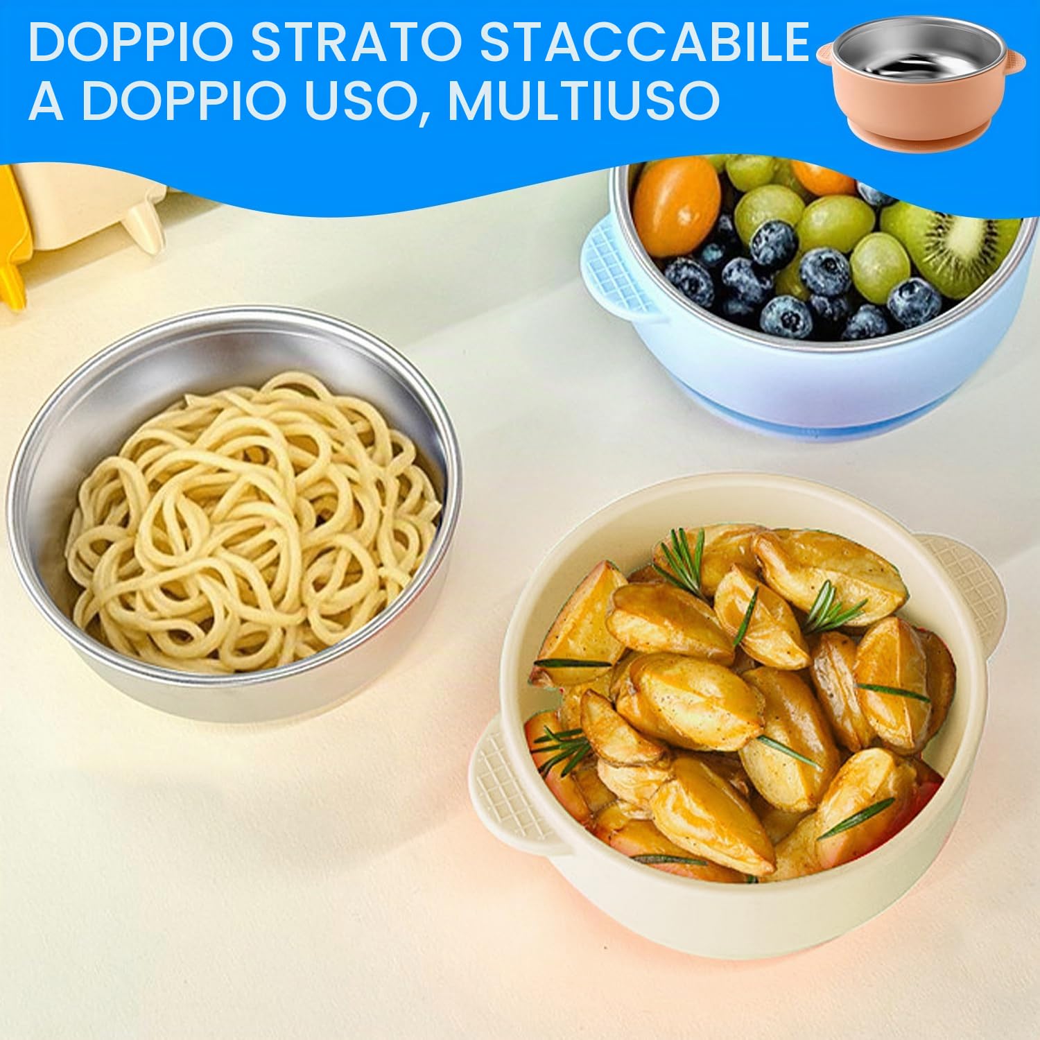 Set di 4 ciotole per bambini in acciaio inox con ventosa, protezione dalle scottature, ciotola in silicone rimovibile, ciotola per porridge e porridge, senza BPA, a prova di perdite per bambini
