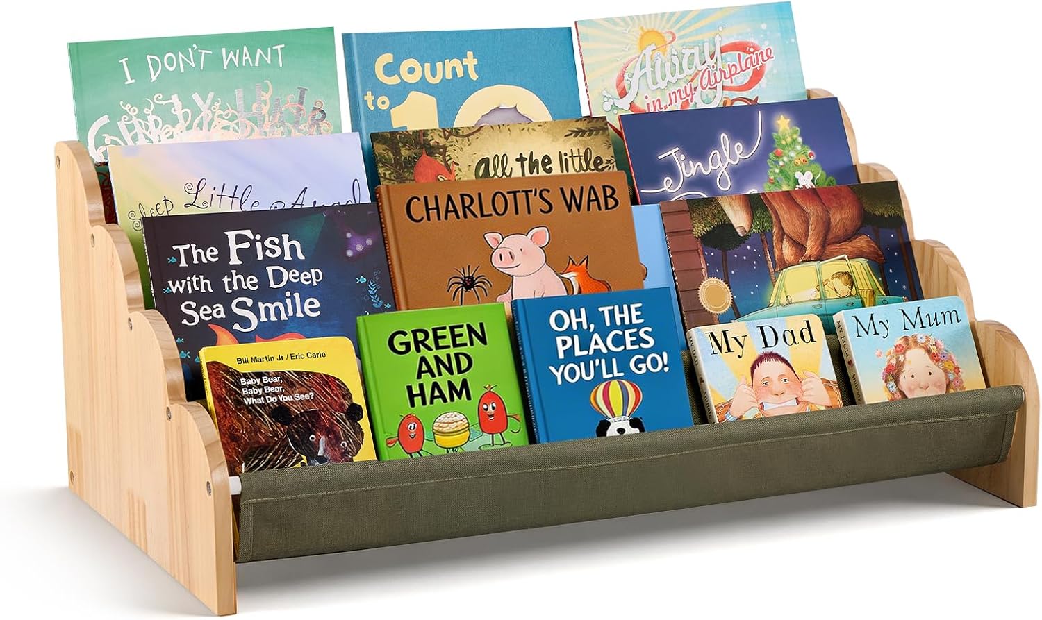 Puricon 4-Tier Kids Bookshelf, Wooden Bookcase Organizer for Toddlers with Deep Pockets & Wavy Edge, Decorative Front-Facing Sling Book Rack for Kids Rooms, Nursery, Playroom and Classroom -Sage