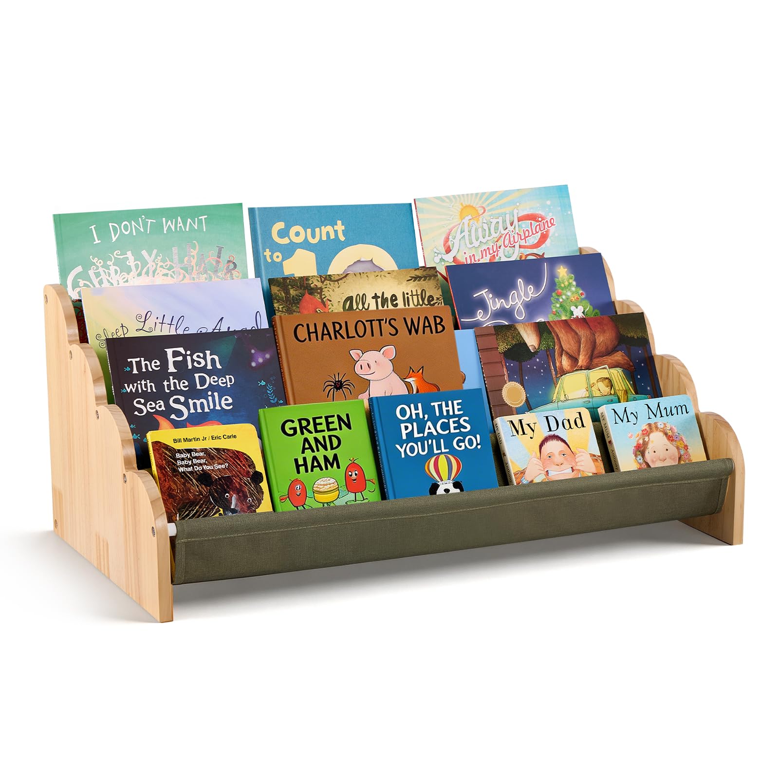 Puricon 4-Tier Kids Bookshelf, Wooden Bookcase Organizer for Toddlers with Deep Pockets & Wavy Edge, Decorative Front-Facing Sling Book Rack for Kids Rooms, Nursery, Playroom and Classroom -Sage