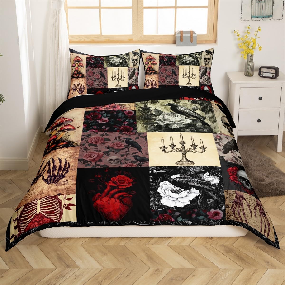 Boho Skeleton Bedding Set Queen Size,Rose Flower Crow Duvet Cover Set for Kids Girls Woman Teens Room Decor,Gothic Mushroom Skull Pattern Comforter Cover Red Black Patchwork Plaid Quilt Cover 3Pcs