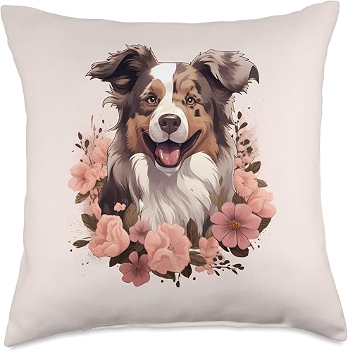 Miniatura 1 de Linda almohada de perro pastor australiano con rosas y flores australianas para mamá amante, 18 x 18 pulgadas, multicolor