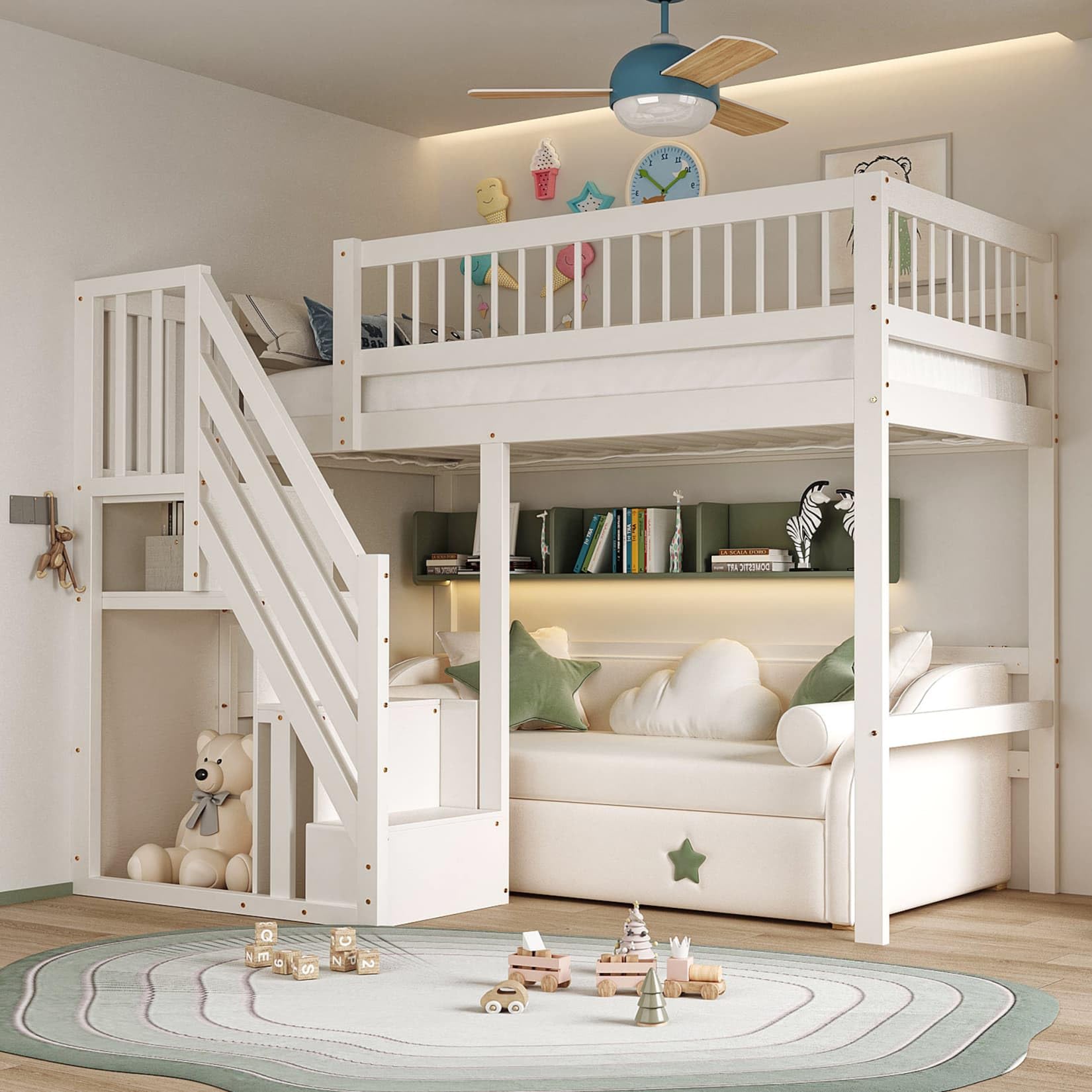 PUGSDRLY Lit Mezzanine 1 Place,Lit Mezzanine Enfant 90x200cm avec Escalier de Rangement et Petite Armoire,pour Adolescent,Design de Clôture Haute,Cadre de Bois Massif (Blanc-A, 90x200)