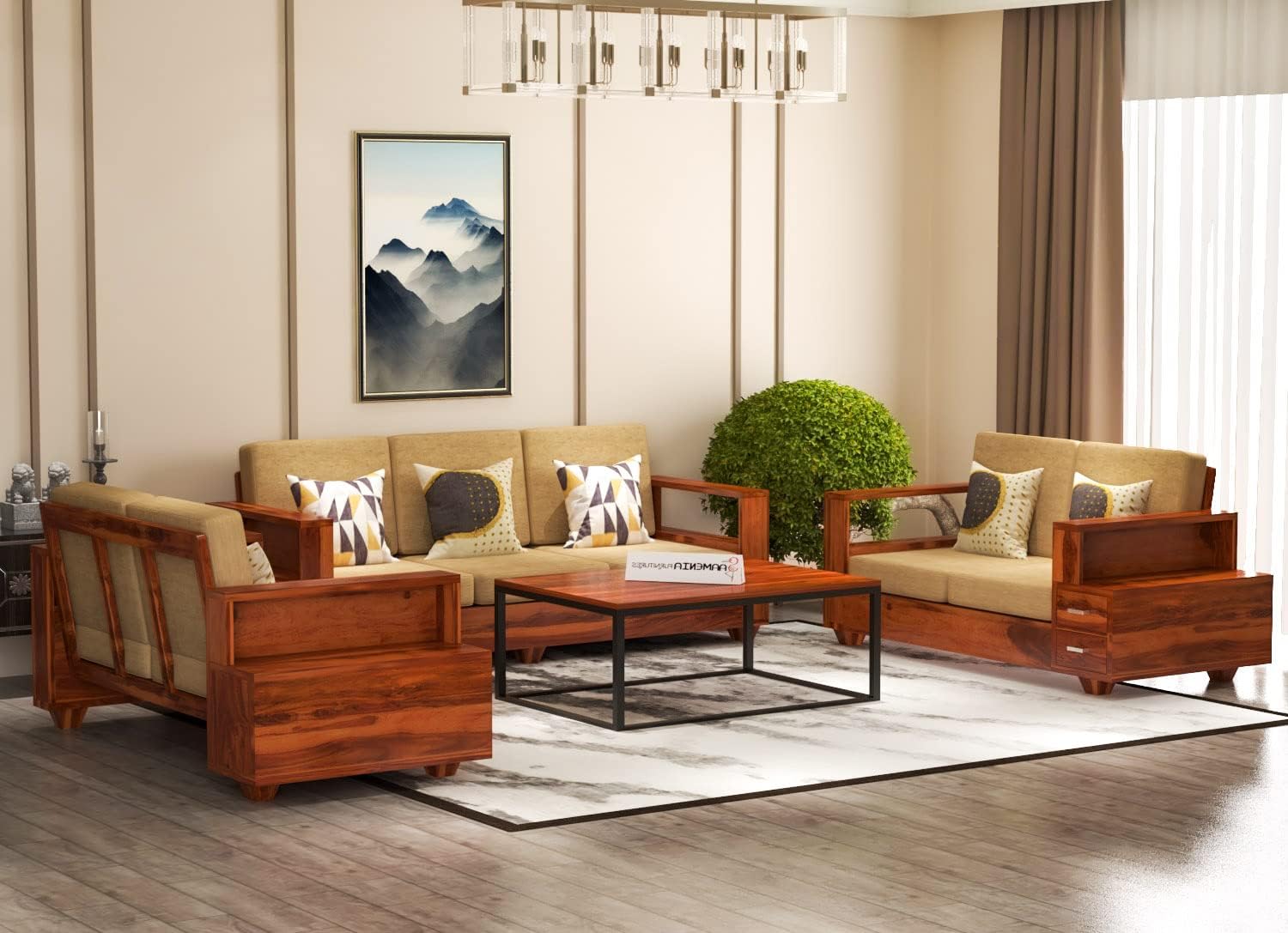 Solid Sheesham Wood 7 Seater Sofa Set with 40 Density Cushions Without Pillow for Living Room Furniture - Honey-image-36