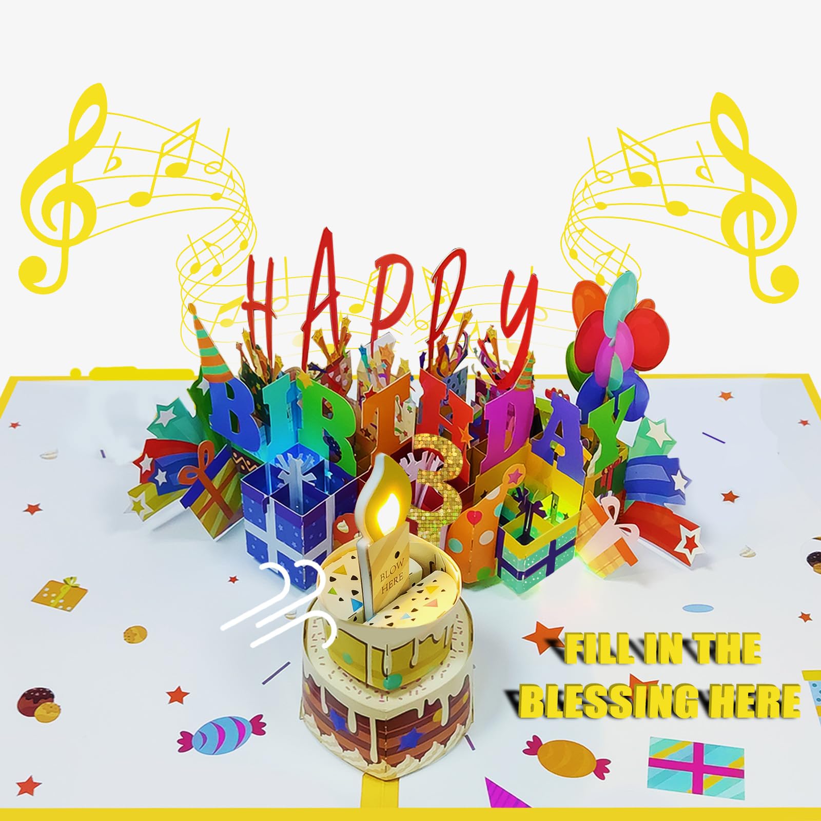 YIXIN 3RD Birthday Card,Musical Birthday Cards with Light and Music, Blowable, 3D Birthday Popup Card，Birthday Card for Baby Girls Boys Daughter Son– Plays Hit Song 'HAPPY Birthday'