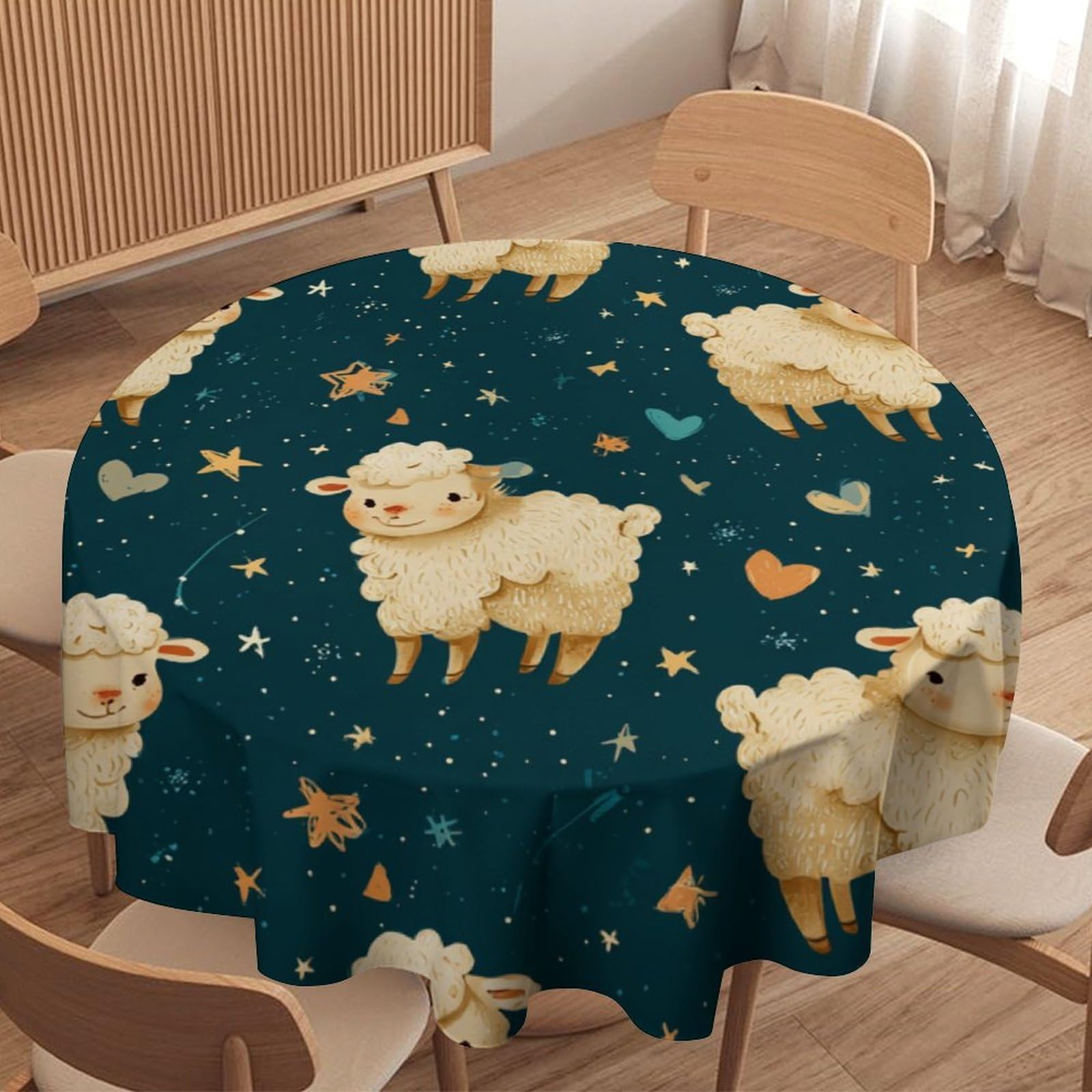 LUYYSKY Cute Rustic Animals Sheep Round Tablecloth Funny Anime Christmas Farm Animal Alpaca Star Heart Pattern Washable Decor for Table Cover for Kitchen-91.4" Wx91.4 L cm