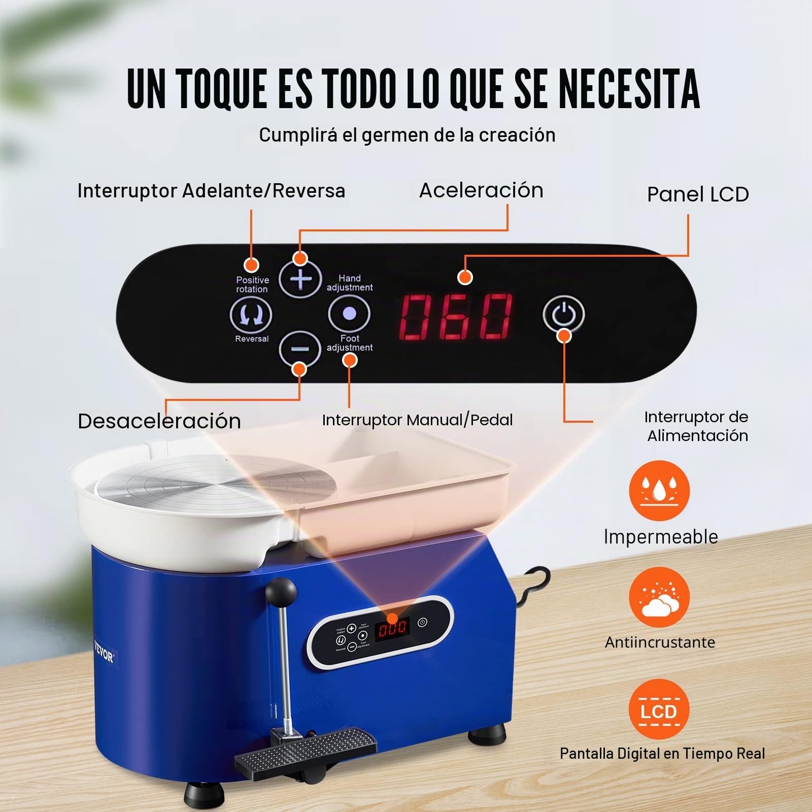 VEVOR Máquina de Rueda de Cerámica Eléctrica Diámetro de 28 cm Torno de Alfarero Eléctrico 450 W Máquina de Arcilla de Cerámica 0-300 rpm Carga Máxima de 8 kg con Pedal para Modelar Artesanía Cerámica