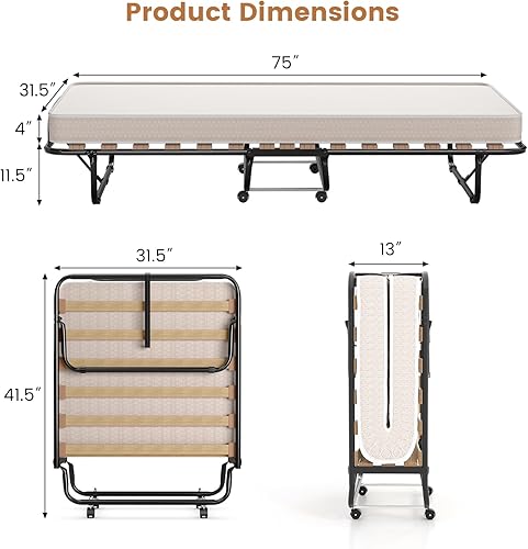 Miniatura 3 de Giantex Cama plegable con colchón  Cama individual plegable con colchón de 4 pulgadas para adultos, 75 x 31 pulgadas, camas de invitados enrollables