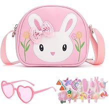 dogmoon Little Girls Handbag Set, Adorable Rabbit Crossbody Bag with Heart-Shaped Sunglasses and 14 Bow Hair Clips, Cute Rabbit Girls' Shoulder Bags with Adjustable Strap for Birthday Gifts and Toys