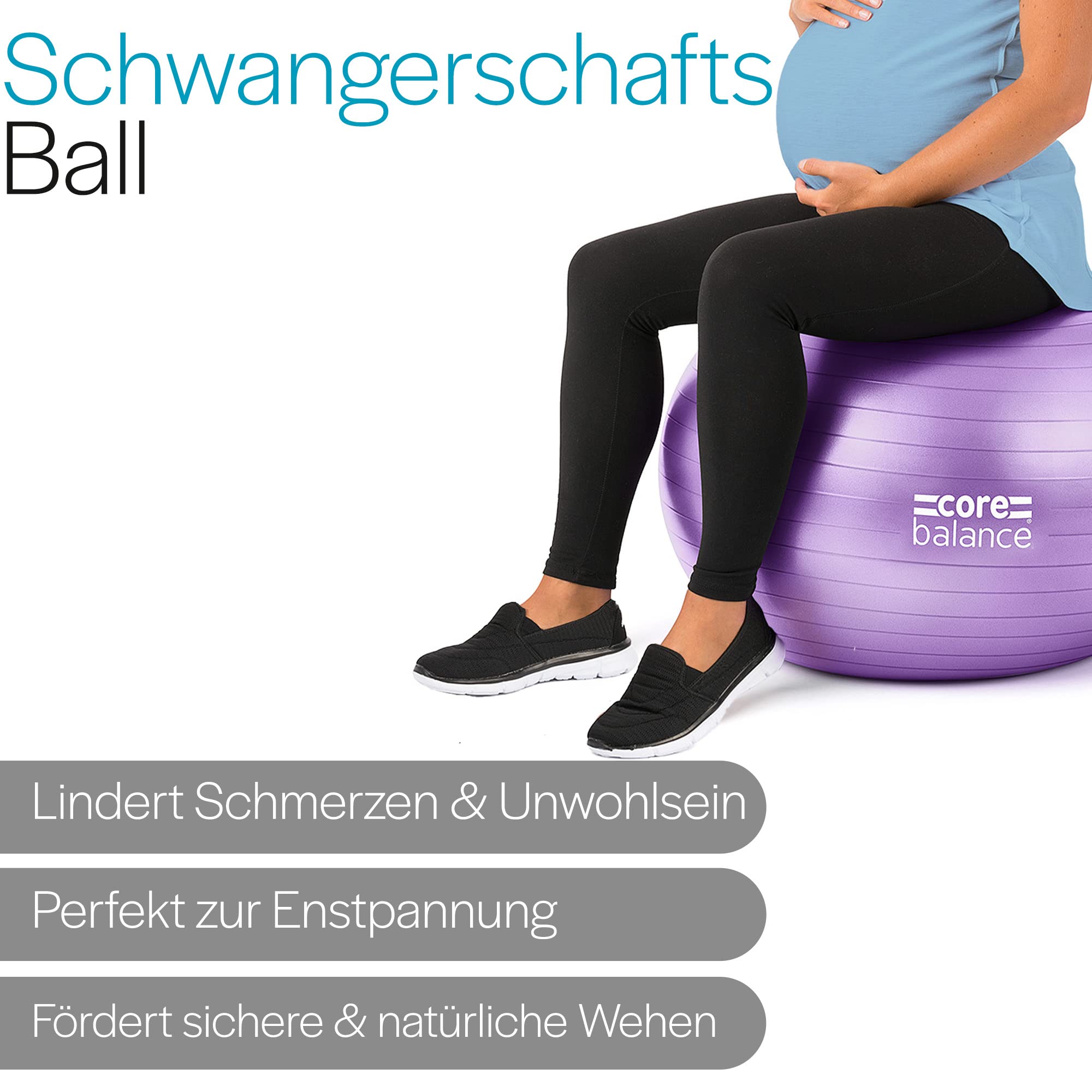 Core Balance Gymnastikball Schwangerschaft – Gymnastikball Groß und Berstsicher für Schwangerschaftsgymnastik – Fitball mit Luftpumpe (Lila)