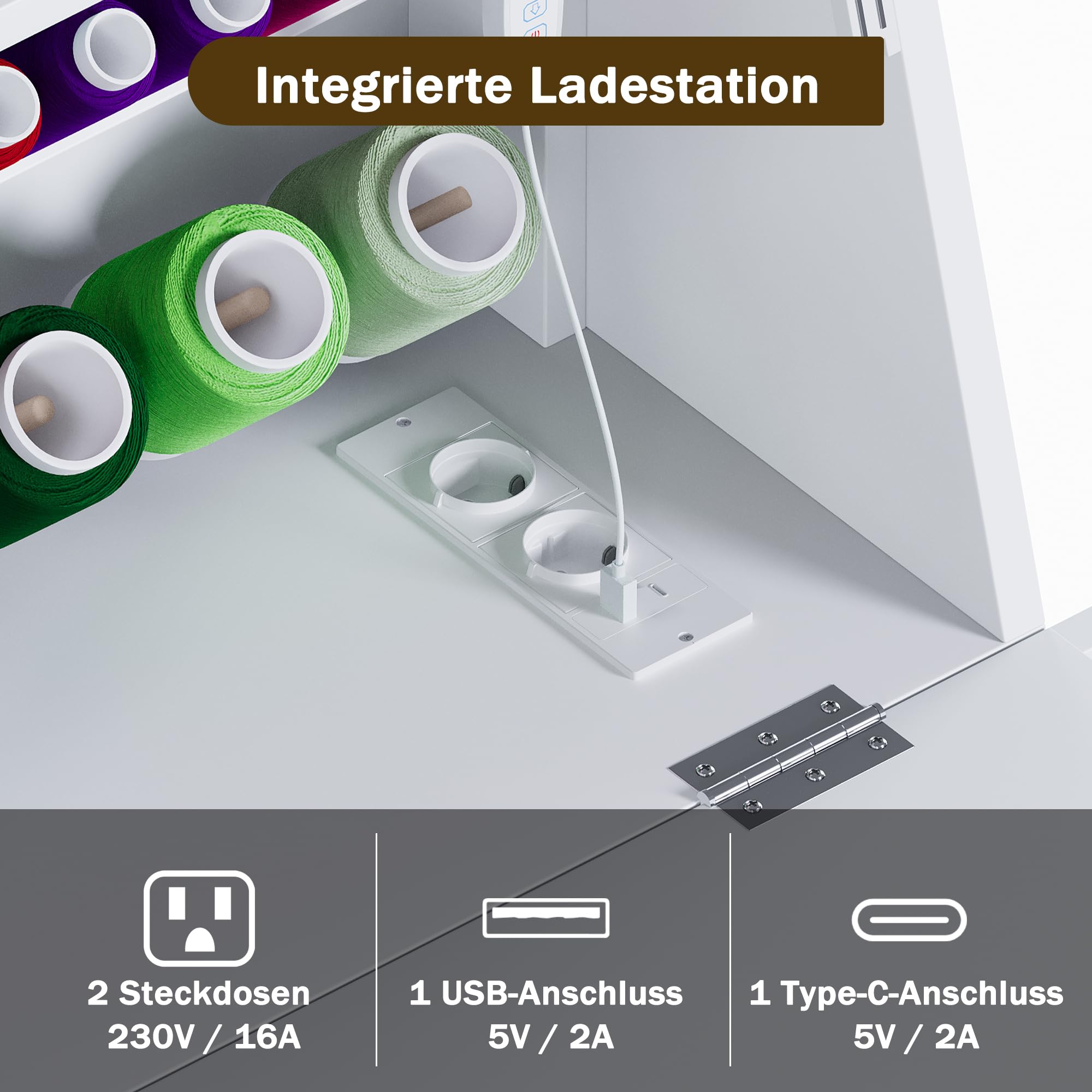 LED Nähtisch klappbar mit 33-Fach Garnhalter & 2 Steckdosen, USB+Typ-C Nähmaschinenschrank mit viel Stauraum, Mobiler Nähmaschinentisch auf Rollen, Platzsparender Basteltisch für Nähzubehör