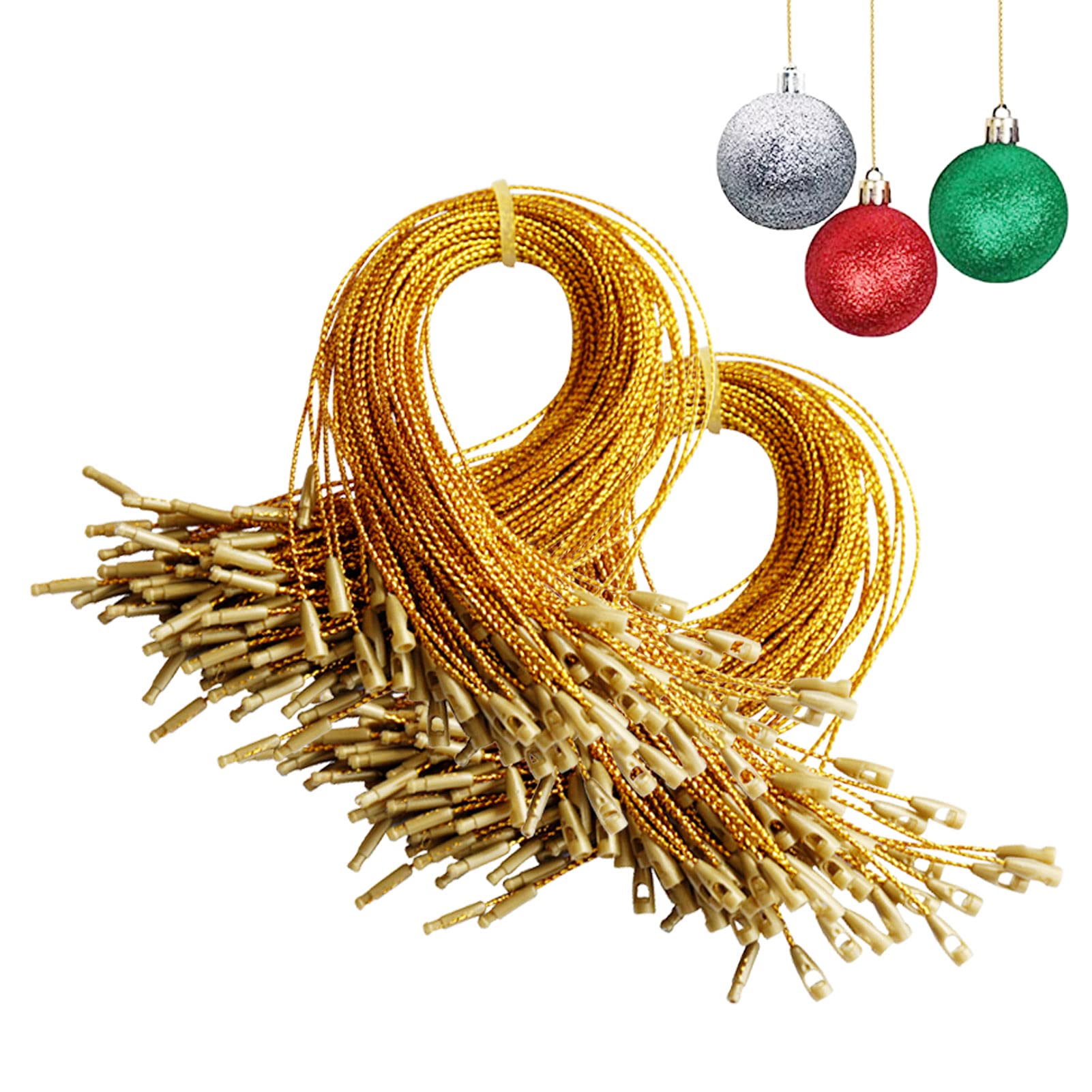 Christmas Ornaments Hanger String 200Pcs Gold Ribbon Ornament Hook Ropes Precut String with Snaps Locking for Xmas Ornament Hanging Decorations