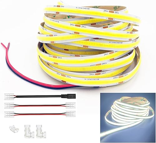 COB - Tira de luces LED, 16.4 ft16.4 pies, 0.315 in, tiras de luz flexibles DC 24 V, 2400 LED, luz uniforme CRI90 de alta densidad de 11 WM, 6000 K,