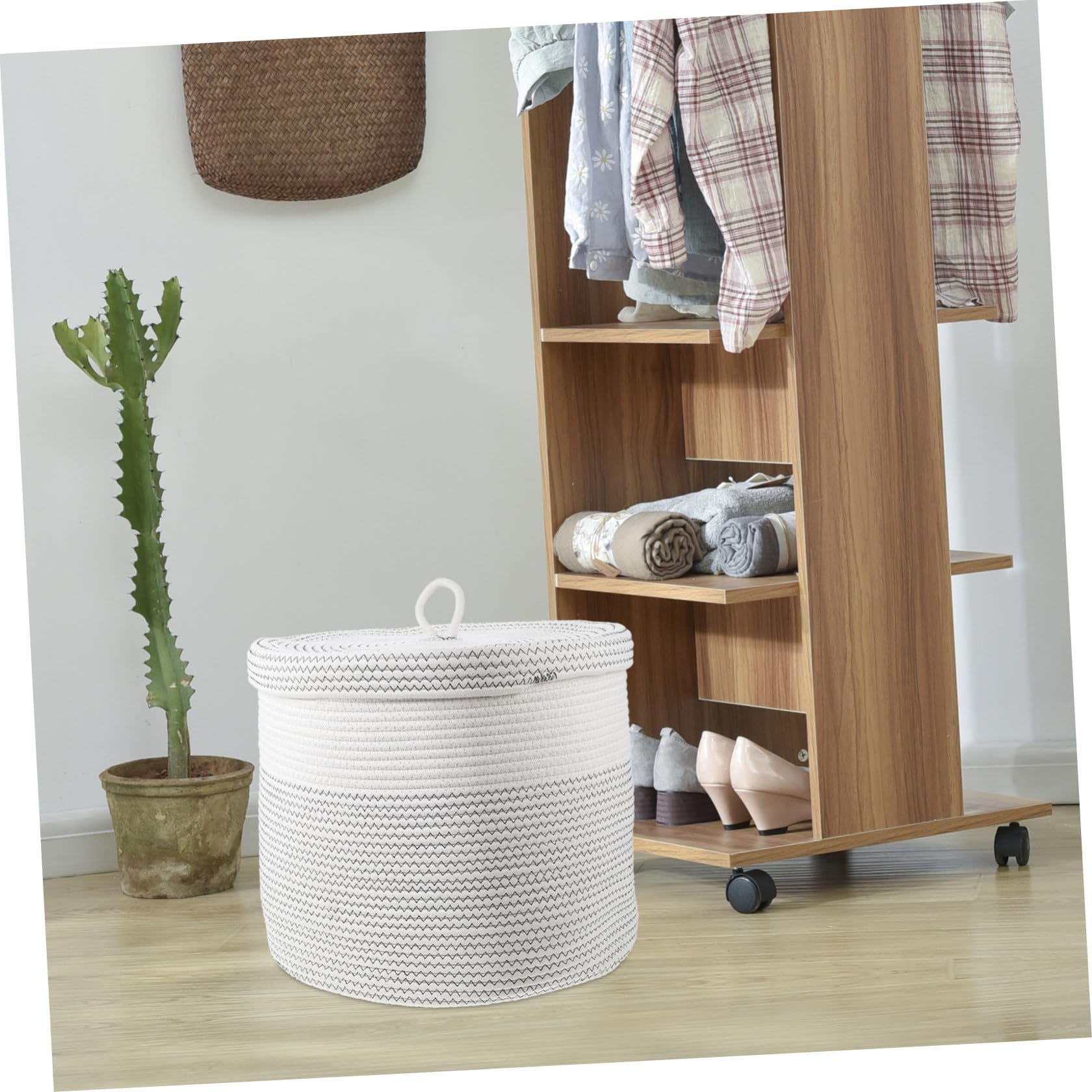 Cesta de Almacenamiento Tejida de Color Claro con Tapa 40,5x35,5 Cm | Algodón Trenzado, Ligera, para Armario y Estudio, Apta para Toallas y Material de Manualidades