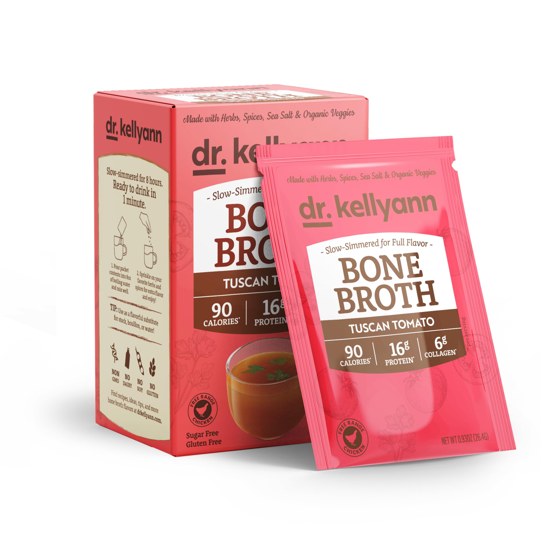 Dr. Kellyann Bone Broth Collagen Powder Packets, Tuscan Tomato, 7 Servings – 16g Protein, Grass-Fed Hydrolyzed Collagen, Keto & Paleo-Friendly Tuscan Tomato 7 servings