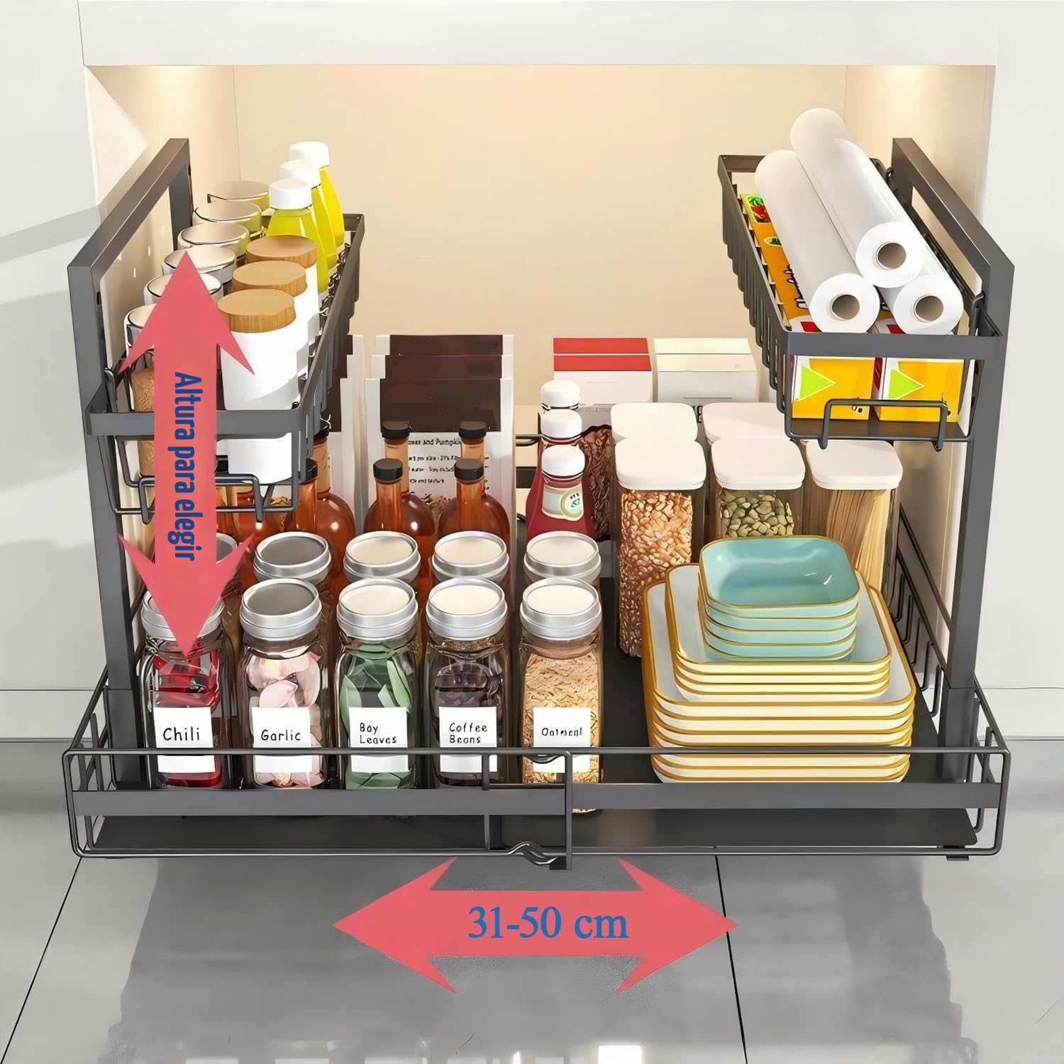 YunNasi 2 Niveles Organizador de Gabinete Expandible, Almacenamiento de Cocina Bajo Fregadero, Organización Extraíble, Organizador Multiusos para Cocina, Baño, Gabinete, Armario (Negro)