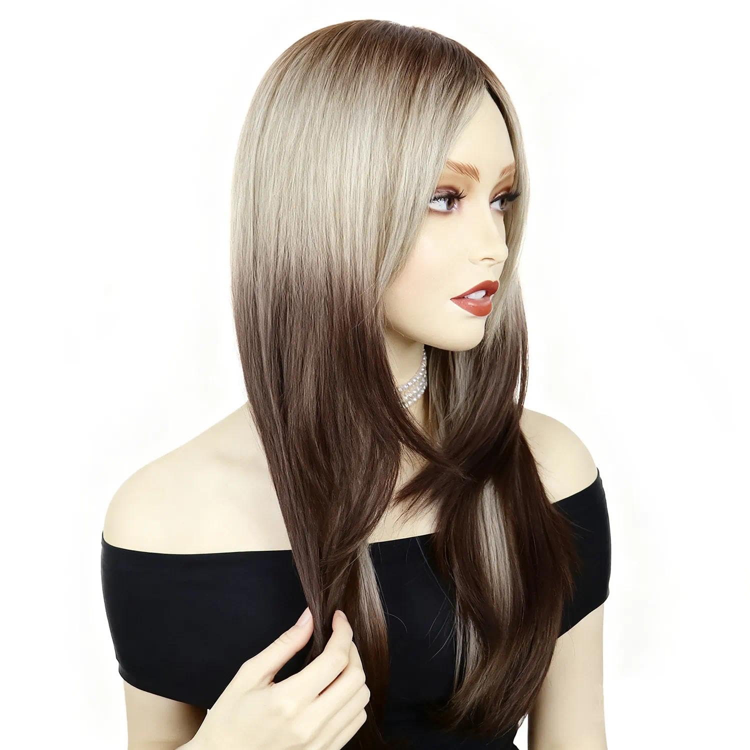 GNIMEGIL 22 Inch Long Wigs For White Women Silky Straight Brown Highlight Mixed Blonde Ombre Wig With Side Bangs Drag Queen Costume Realistic Natural Wigs In Synthetic Hair