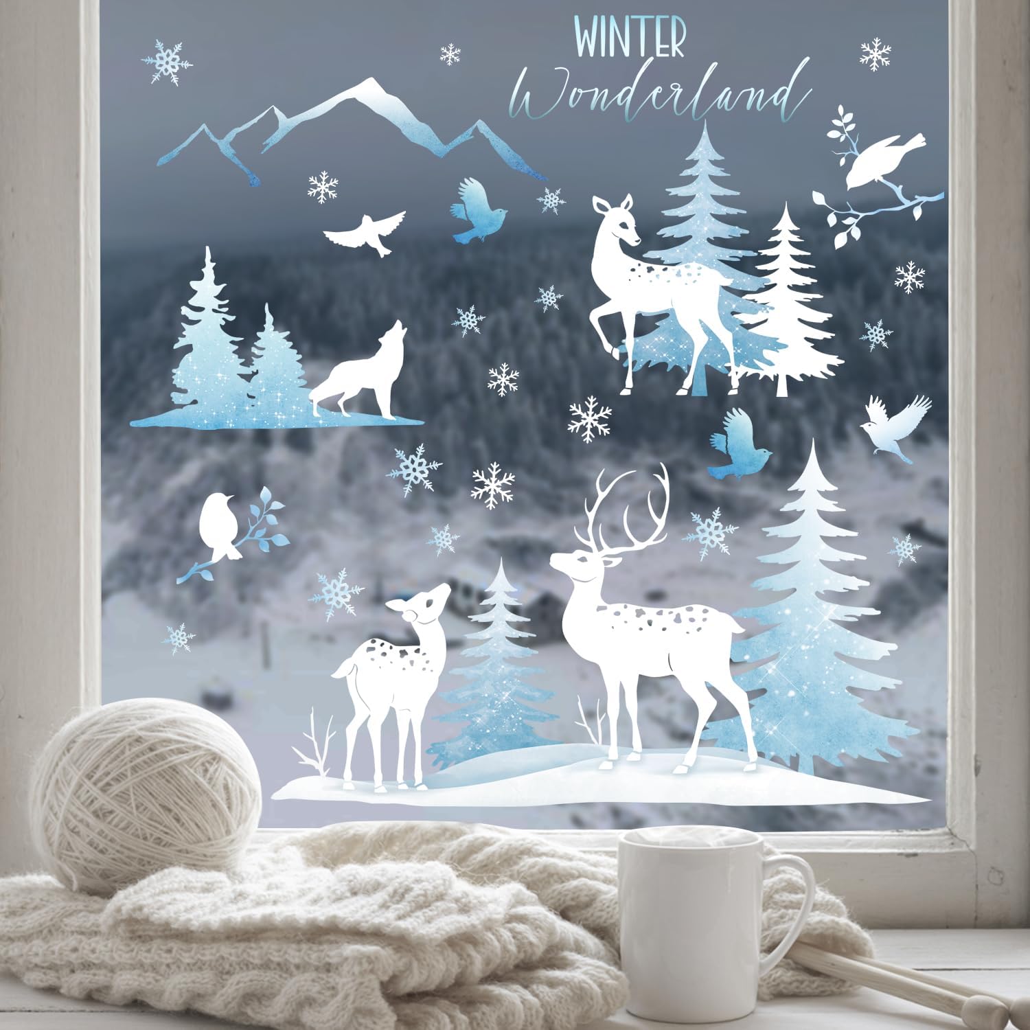 Yovkky Christmas Window Clings 4 Sheets, Winter Wonderland Snow Deer Elk Stickers Decals Decor, Xmas Tree Snowflakes Reindeer Holiday Home Kitchen Decorations