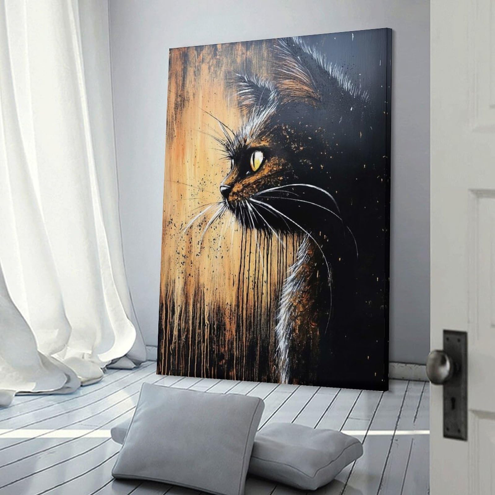 Junmoney Canvas Wall Decor Black Cat Portrait, 24x36inch(60x90cm), for Restful Interiors, Bedrooms Or Small Rooms, Canvas Wall Decor for Personal Spaces
