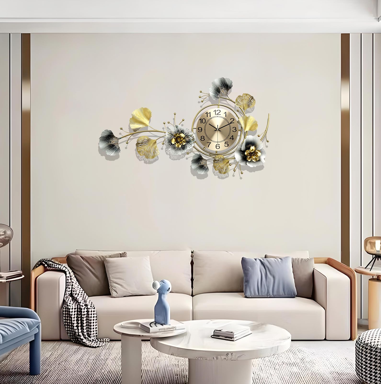 Orologi da parete per la decorazione del soggiorno, grande orologio da parete, silenzioso Relojes de Pared con quadrante girevole a 360°, orologio al quarzo da parete in metallo 3D con foglia di