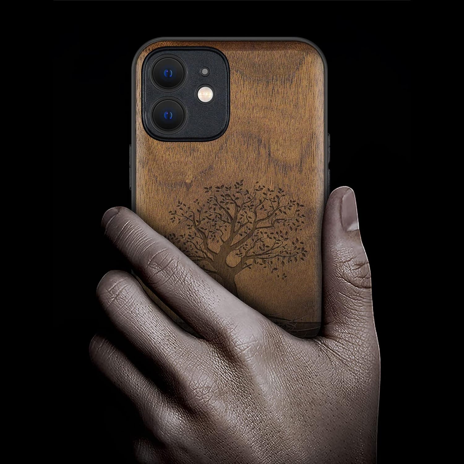 Carveit Magnetic Wood Case for iPhone 12 Mini - Hard Real Wood & Black Soft TPU - Shockproof Protective Cover - Unique & Classy Wooden Case - Compatible with MagSafe (Tree with Roots - Walnut)