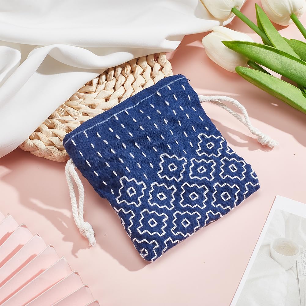 INFUNLY 3 Set Sashiko Drawstring Bag Kits Sashiko DIY Tote Bag Kit Flower Sashiko Fabric Kit for Beginners Make Your Own Tote Bag with Thread Needles Hand Sewing Set for Adults