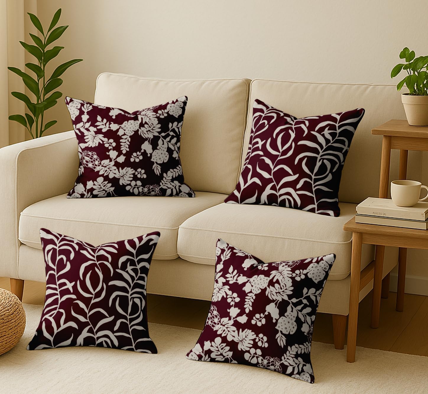 Set of 4 16x16 Cotton Cushion Covers - Decorative Reversible Pillow Covers with Concealed Zipper - Filler Not Included - Leaves Print, Burgundy