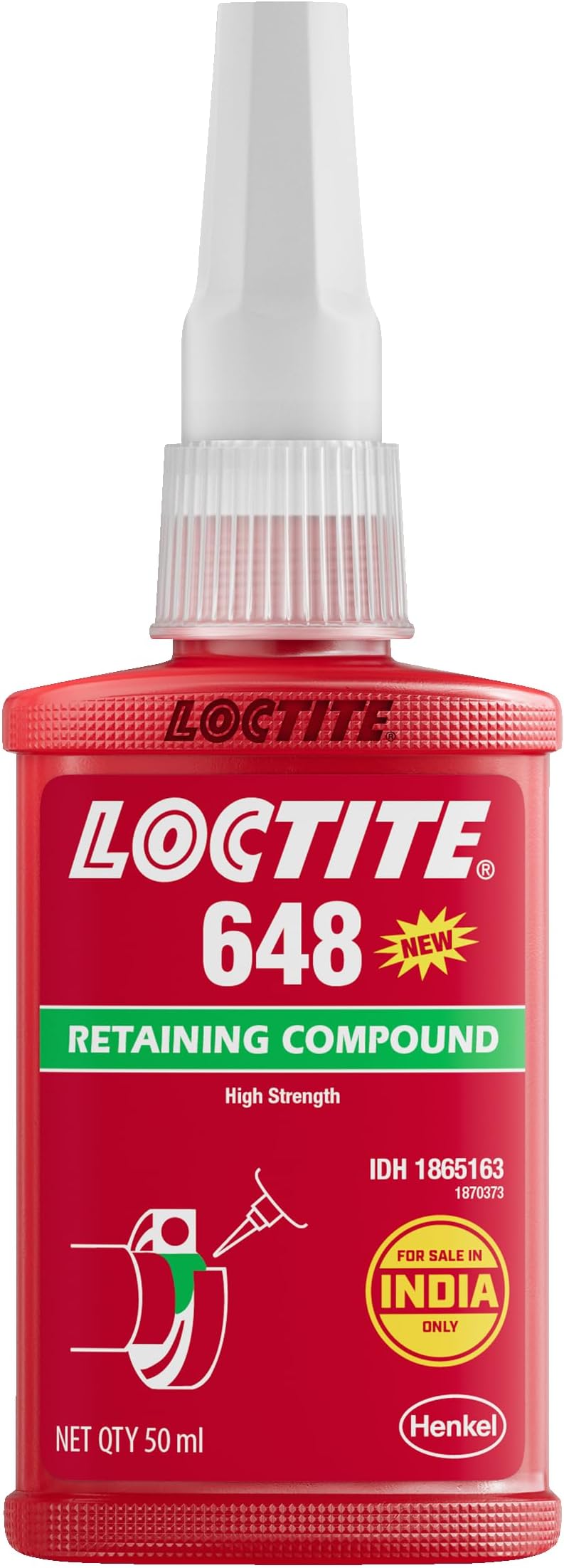 648-50ml, high strength retaining compound for mounting gears & sprockets on gearbox, shafts & rotors on electric motor shafts, works on slightly oily surfaces, high temperature resistant