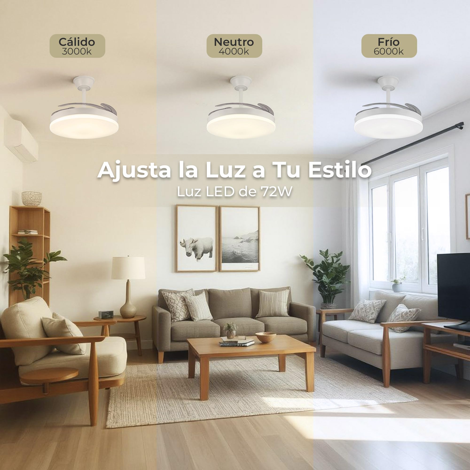 LUMIKING Ventilador de Techo con Luz LED 72W Retráctil y Silencioso - Lámpara con Aspas Plegables, 3 Tonos de Luz (3000-4000-6000K), 6 Velocidades, Memoria, Modo Verano Invierno, Ø108 cm