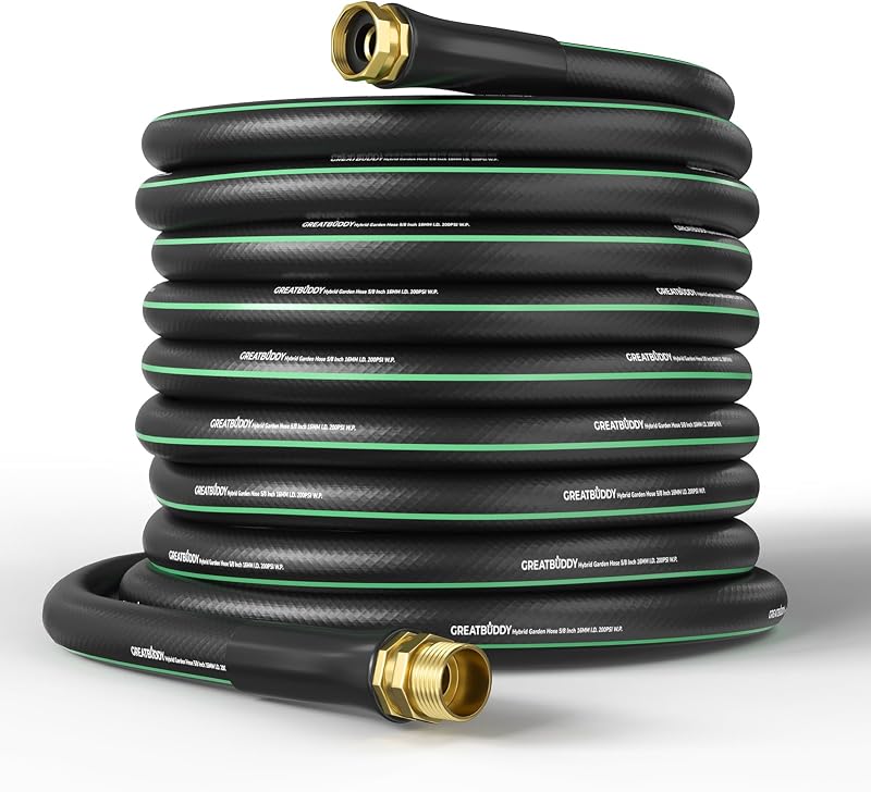 GreatBuddy 100 ft Garden Hose, Flexible Rubber Water Hose 5/8" | Heavy Duty, Lightweight Hose, Burst 600 PSI with Solid Brass Male to Female Fittings, Leakproof Hose for Backyard, Garden