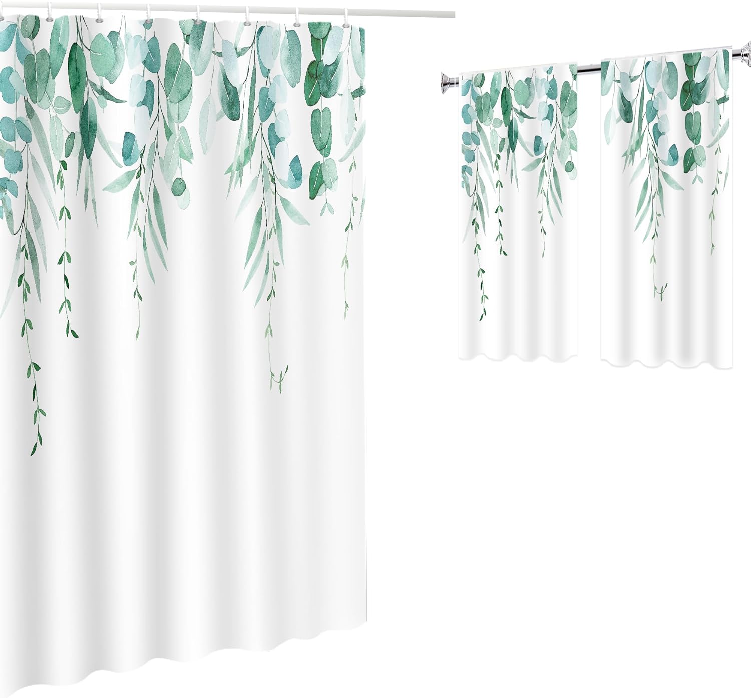 YISURE Sage Green Eucalyptus Shower Curtain and Window Curtain Set for Bathroom, 72x72 with 30x36 inches 2 Panels, Watercolor Leaves Plant Matching Shower and Window Curtains Bathroom Decoration