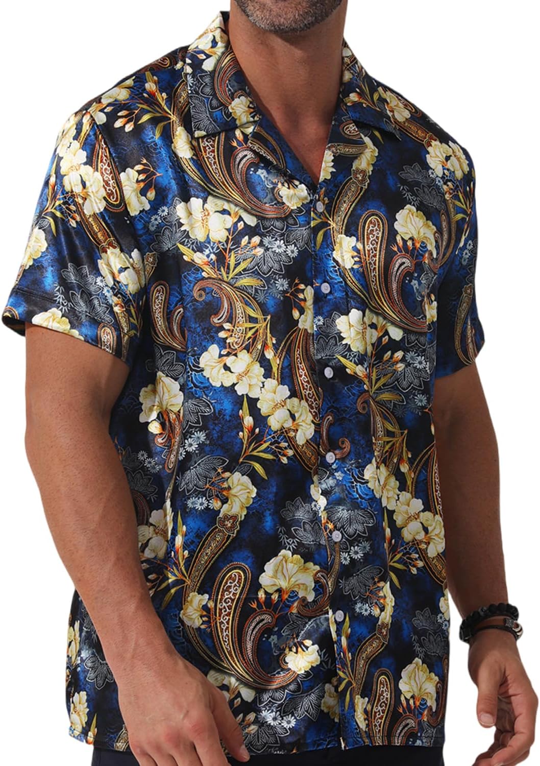 Men Hawaiian Shirt Satin Floral Printed Dress Shirt Cuban Collared Casual Short Sleeve Button Down Shirt - Image 2