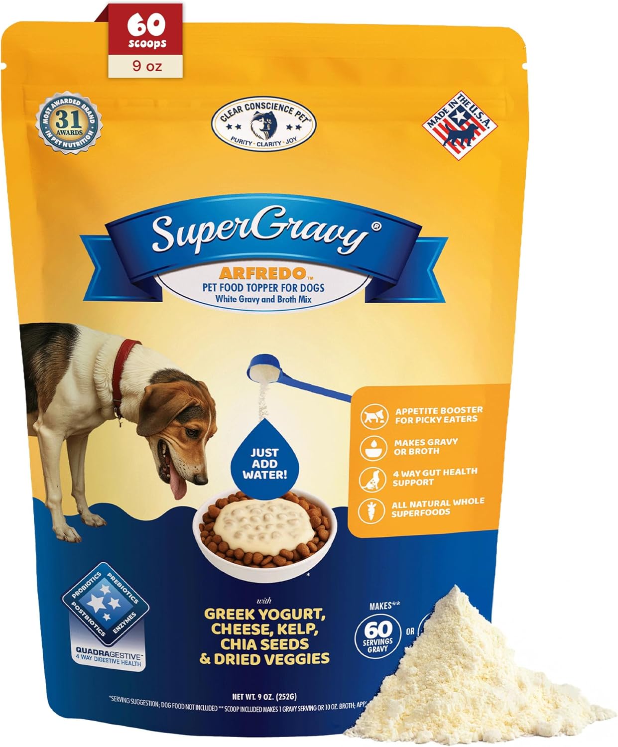 CLEAR CONSCIENCE PET® Arfredo™ SuperGravy® Natural Dog Food Gravy Topper, Hydration Broth Mix, Gluten and Grain Free Kibble Seasoning Powder Topper for Picky Eaters (9 oz. (60 Scoop))