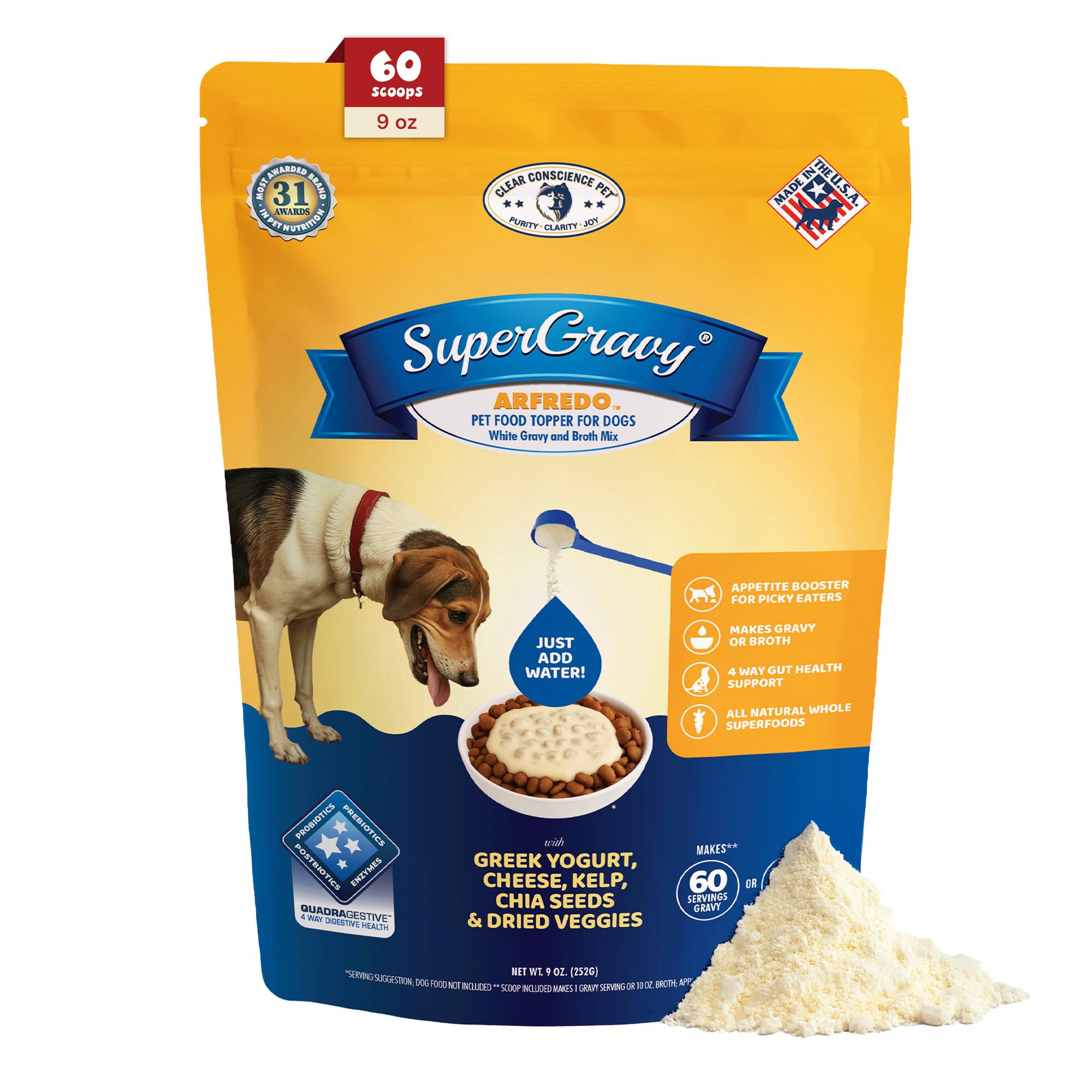 CLEAR CONSCIENCE PET® Arfredo™ SuperGravy® Natural Dog Food Gravy Topper, Hydration Broth Mix, Gluten and Grain Free Kibble Seasoning Powder Topper for Picky Eaters (9 oz. (60 Scoop))