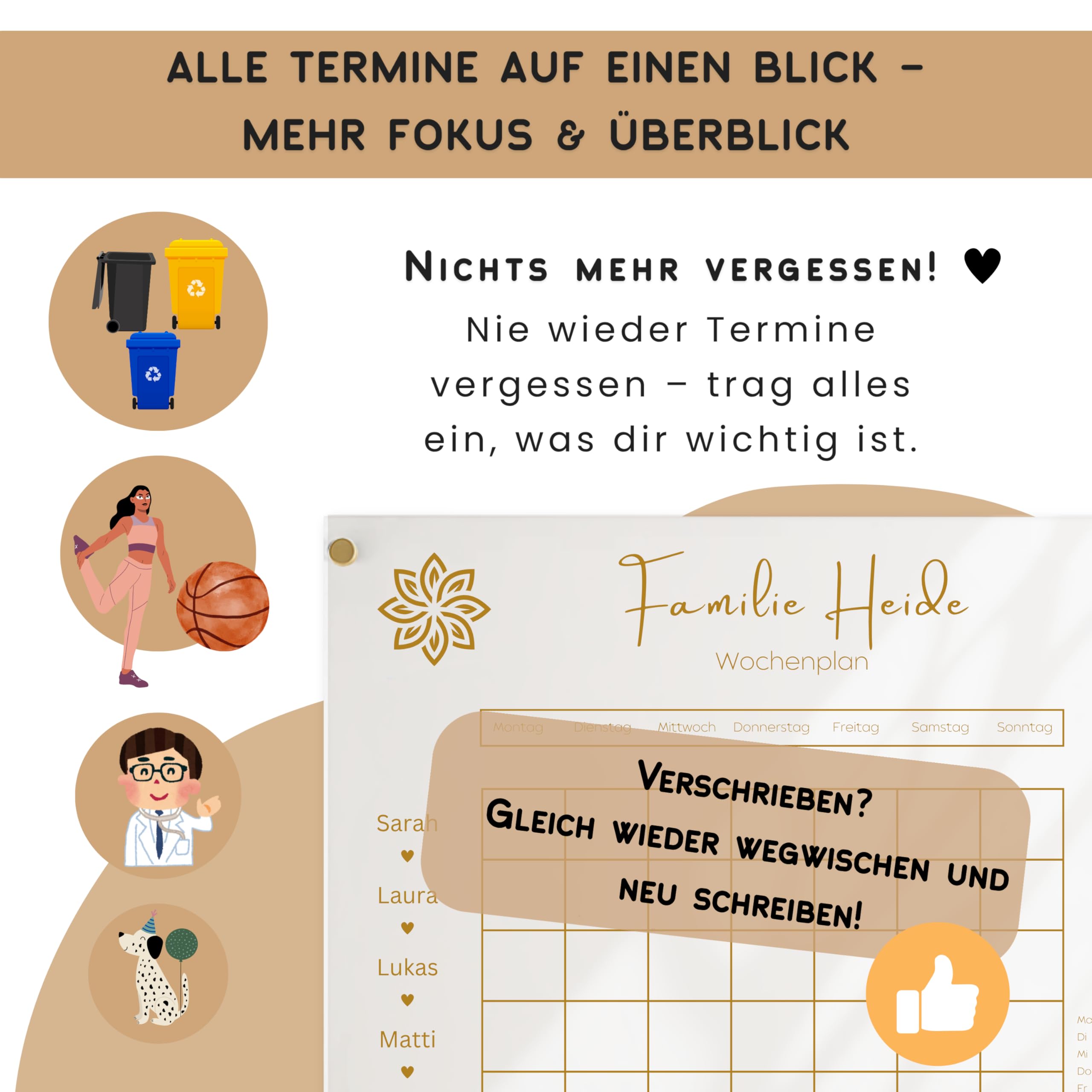 EmiliaLotte Personalisierter Familienplaner aus hochwertigem Acryl I Abwischbarer Wand Kalender für die ganze Familie I Wiederverwendbarer Wochenplaner mit Einkaufsliste, Menüplan & Mehr - Esoterik