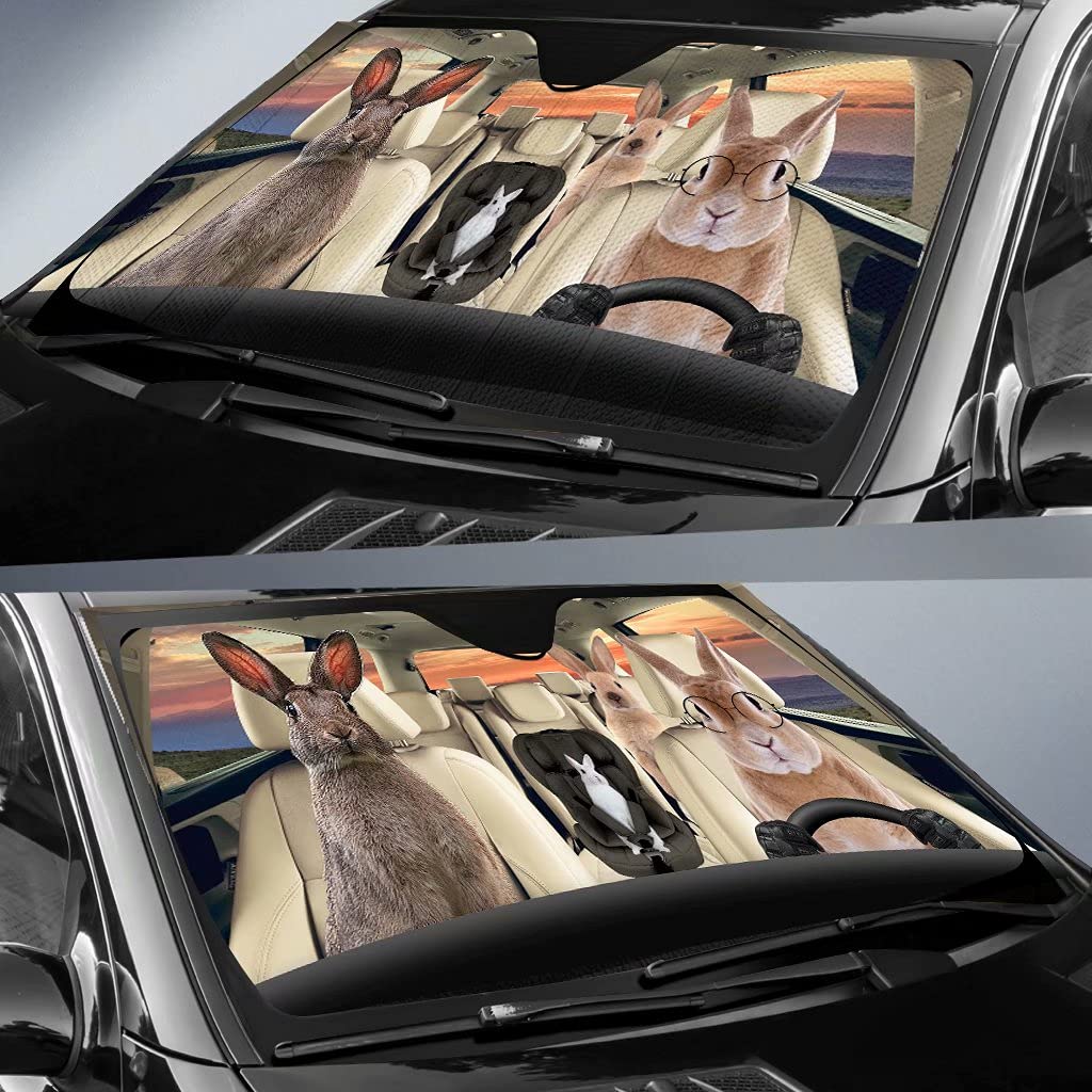 Rabbit Decor Driver Front Windshield Sun Shade, Lovely Bunny Family Car Windshield Sunshade, Farm Automotive Cover Keeps Out UV Rays Protectors Vehicle Interior,Funny Animal Car Sun Visor 57x27.5inch image 3