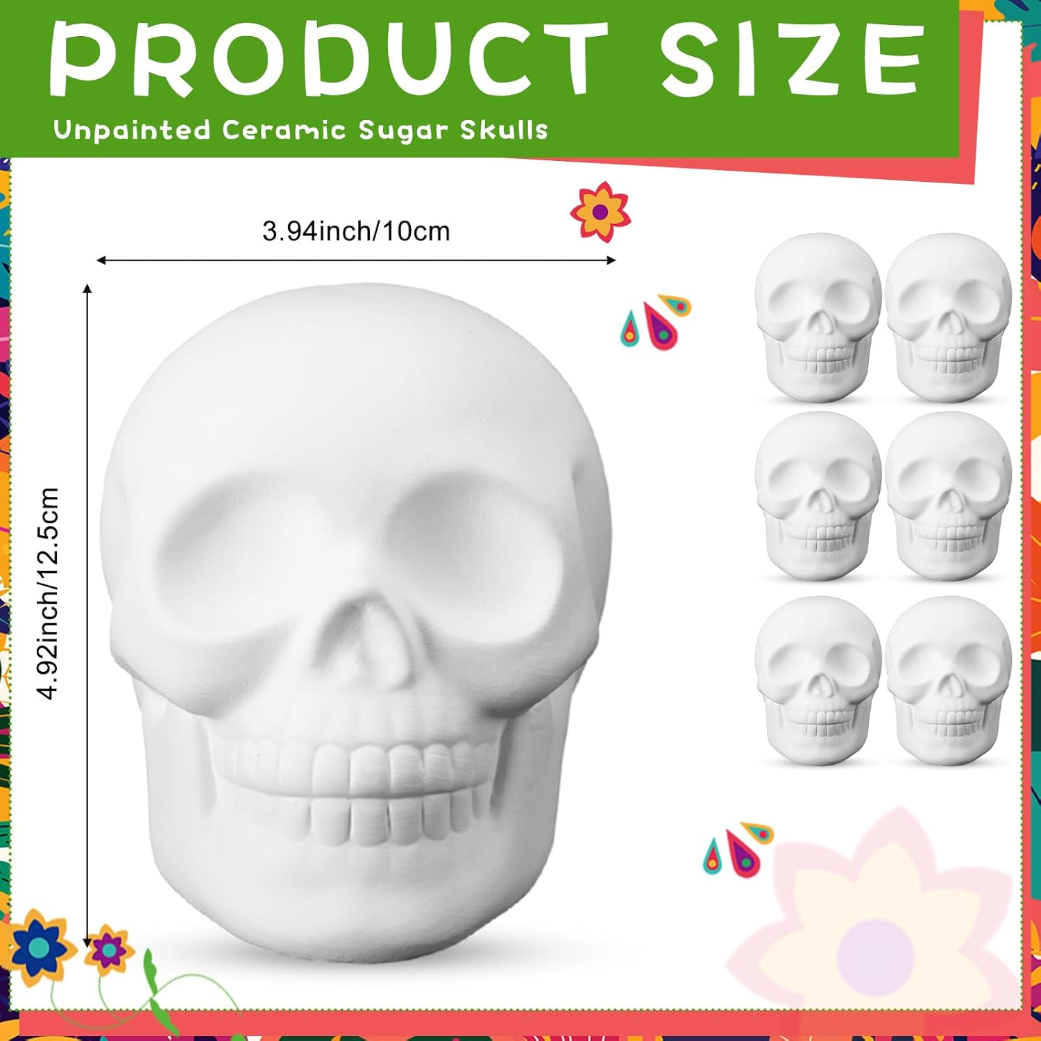 6 Pcs Halloween Skull Ceramic Ready to Paint 5 Inch Ready to Paint Your Own Sugar Skull Figurines Unpainted Plaster Arts and Crafts for Adults Day of the Dead Party Supplies (Classic)