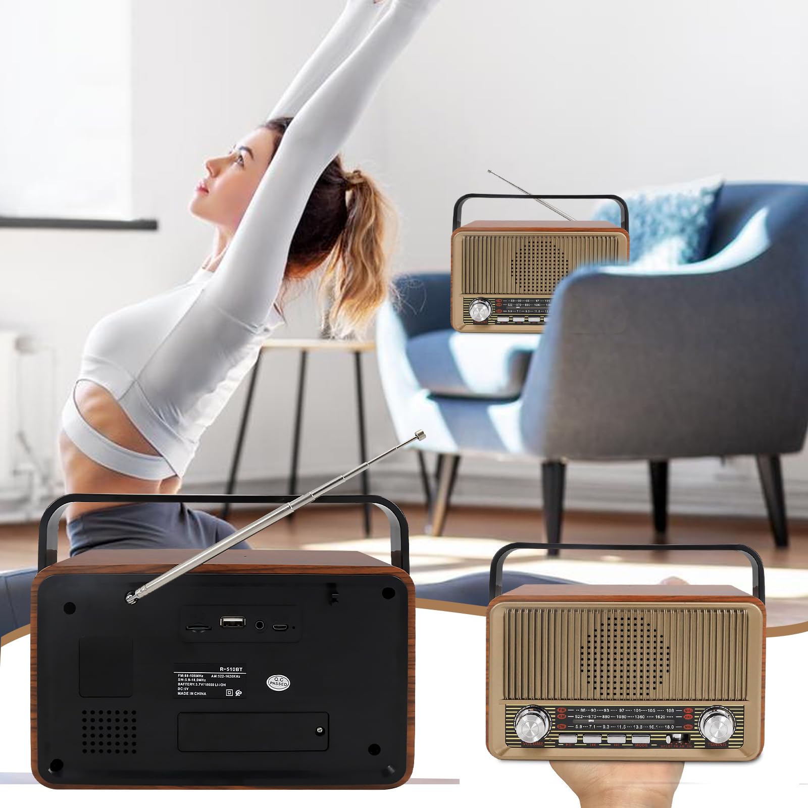 AM/FM/SW Retro Radio mit Bluetooth, Kofferradio mit 1200mAh Akku, Küchenradio Nostalgie Radio Klein, Vintage Radios, Unterstützt USB/TF/AUX Funktion, Einfaches Radios für Zuhause, Büro, Outdoor
