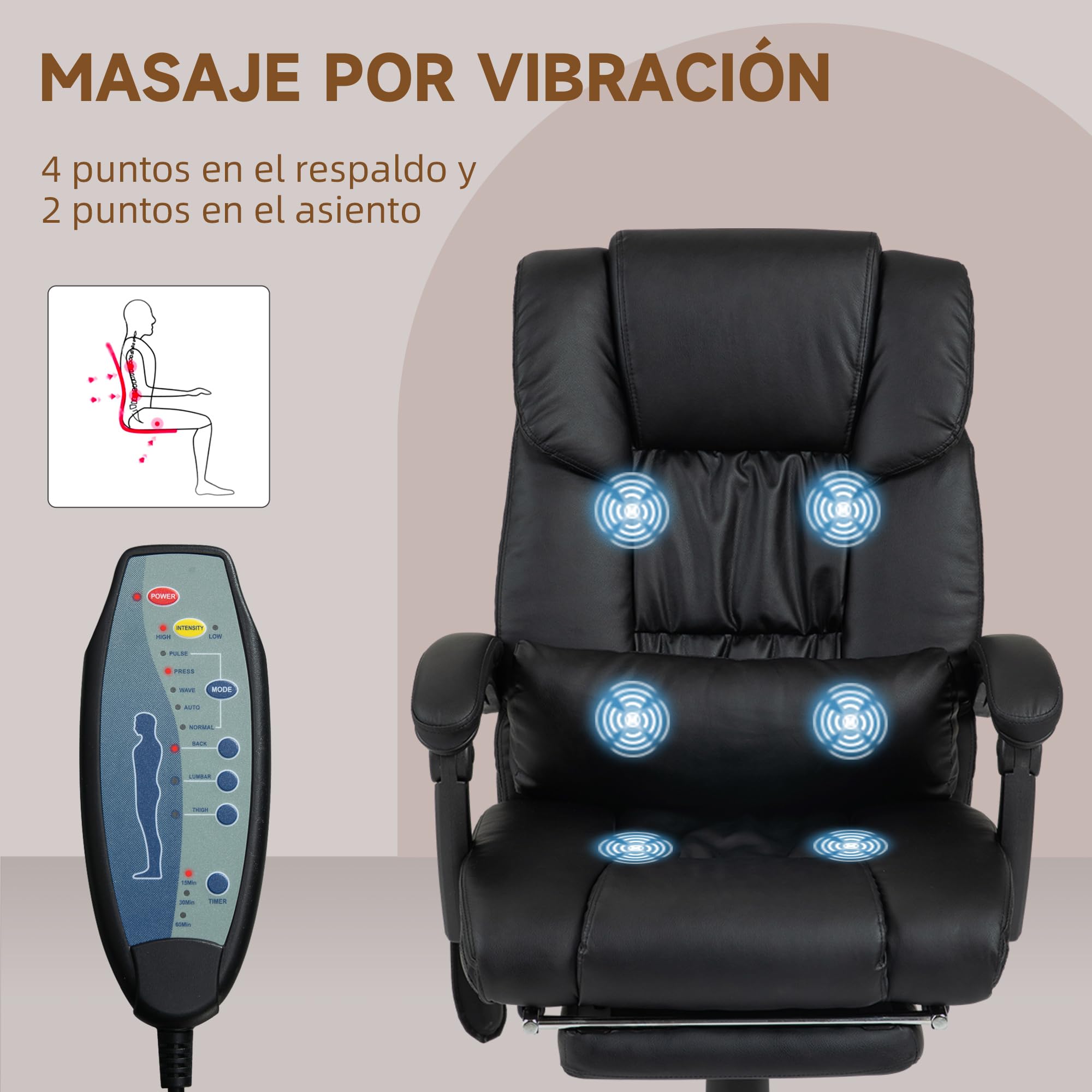 Vinsetto Silla de Oficina con Masaje Vibratorio de 6 Puntos Negro | Silla de Escritorio Giratoria, Respaldo Alto Reclinable, Altura Ajustable, Reposapiés, Mando a Distancia