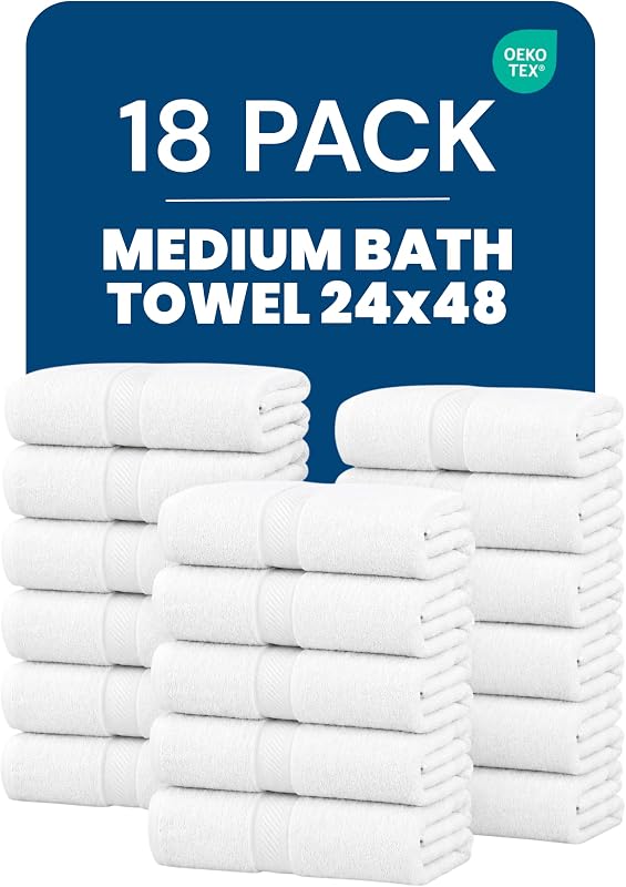Paquete de 18 toallas de baño a granel, 24 x 48, toalla de spa de calidad comercial, color blanco | Toallas de baño de peso medio, 100% algodón hilado en anillos, suaves, absorbentes y de secado rápido