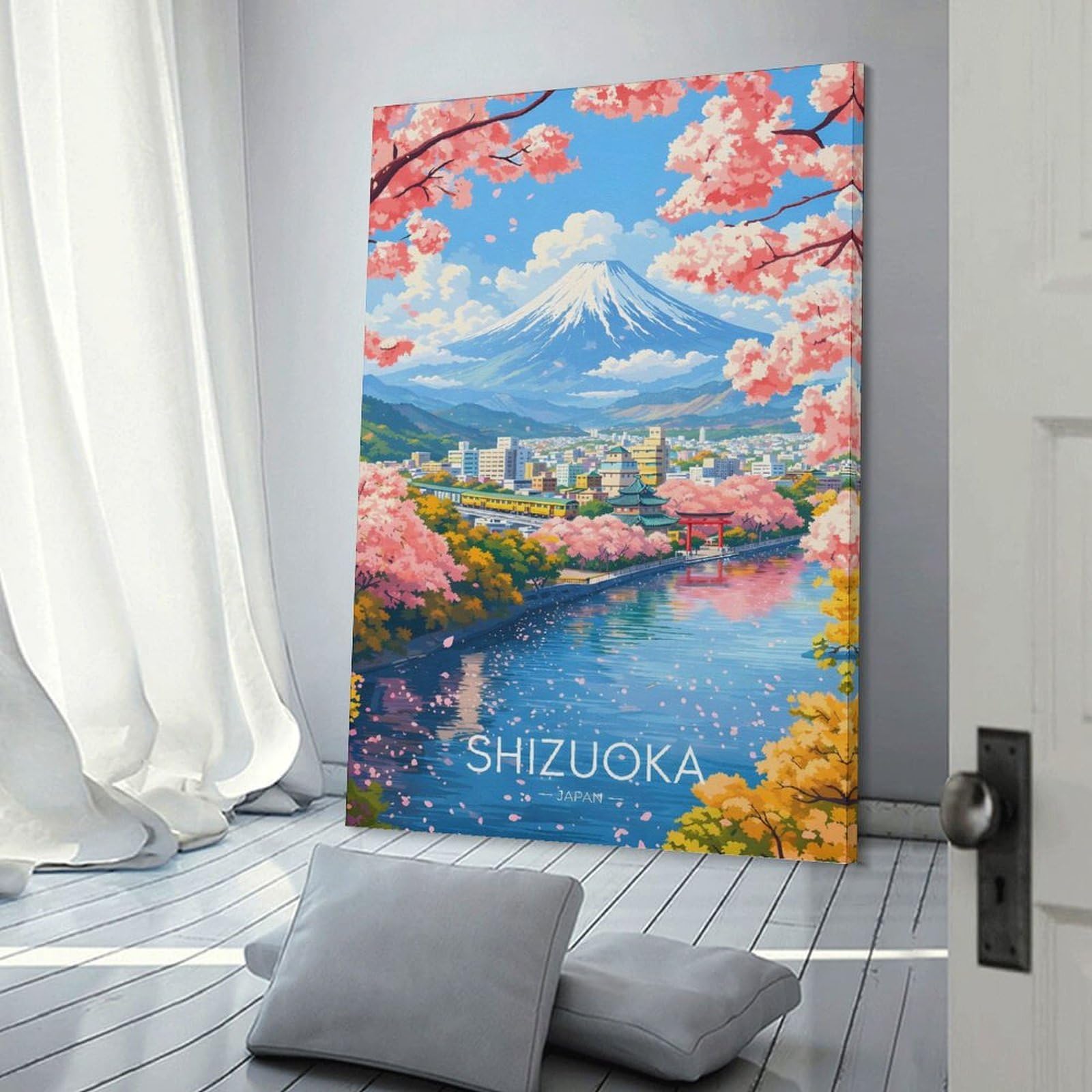 Junmoney Frame-Style-10 Wall Art Print Shizuoka Japan Cherry Blossoms Mount Fuji, 24X36inch(60X90cm), For Living Room, Lounge Or Sitting Room, Eye Catching Artwork For Blank Walls