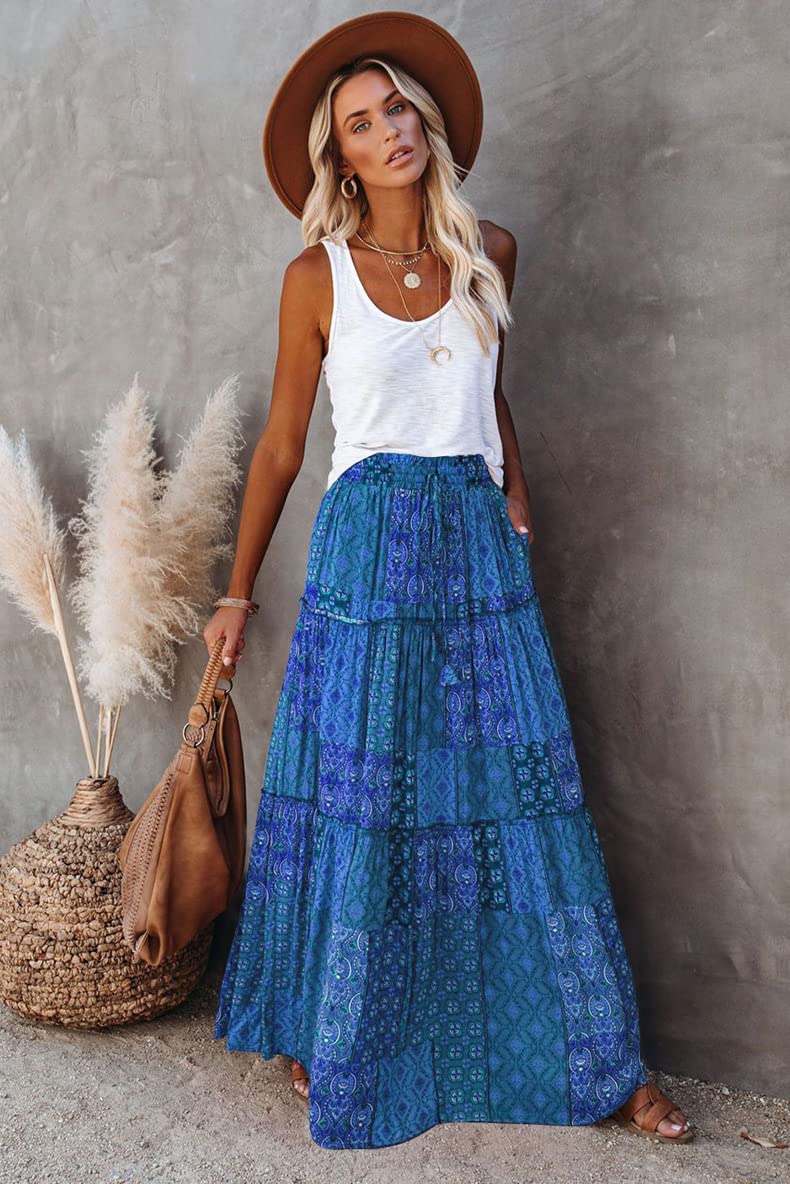 Gonna Donna, Gonne Lunghe con Stampa Floreale Boho Donna Elastiche in Vita Plissettate Fluide Linea Ad A Casual Estive Basiche Spiaggia Abiti Lunghi per Foto Quotidiane delle Vacanze