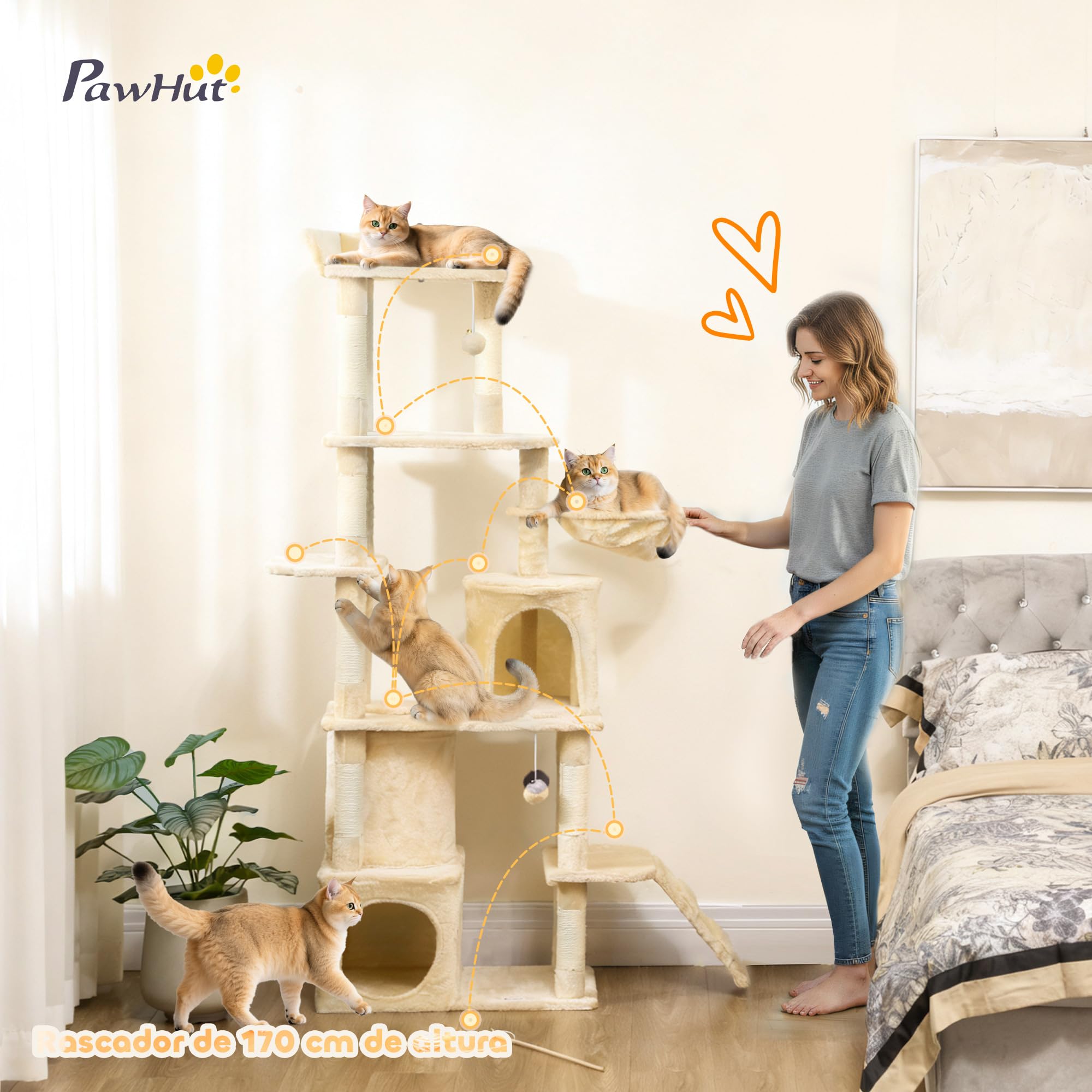 PawHut Árbol Rascador para Gatos Grande Torre de Escalada 170 cm Beige | Árbol para Gatos, 7 Postes, 1 Túnel, 3 Plataformas, 2 Cuevas, 1 Hamaca, 1 Percha, 1 Rampa, Pompones