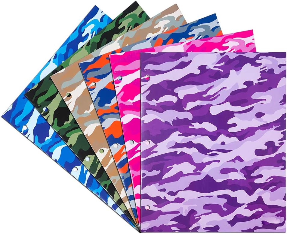 JAM PAPER Laminated Two Pocket Glossy 3 Hole Punch School Folders - Letter Size - High Gloss Assorted Camo Colors - 6/Pack