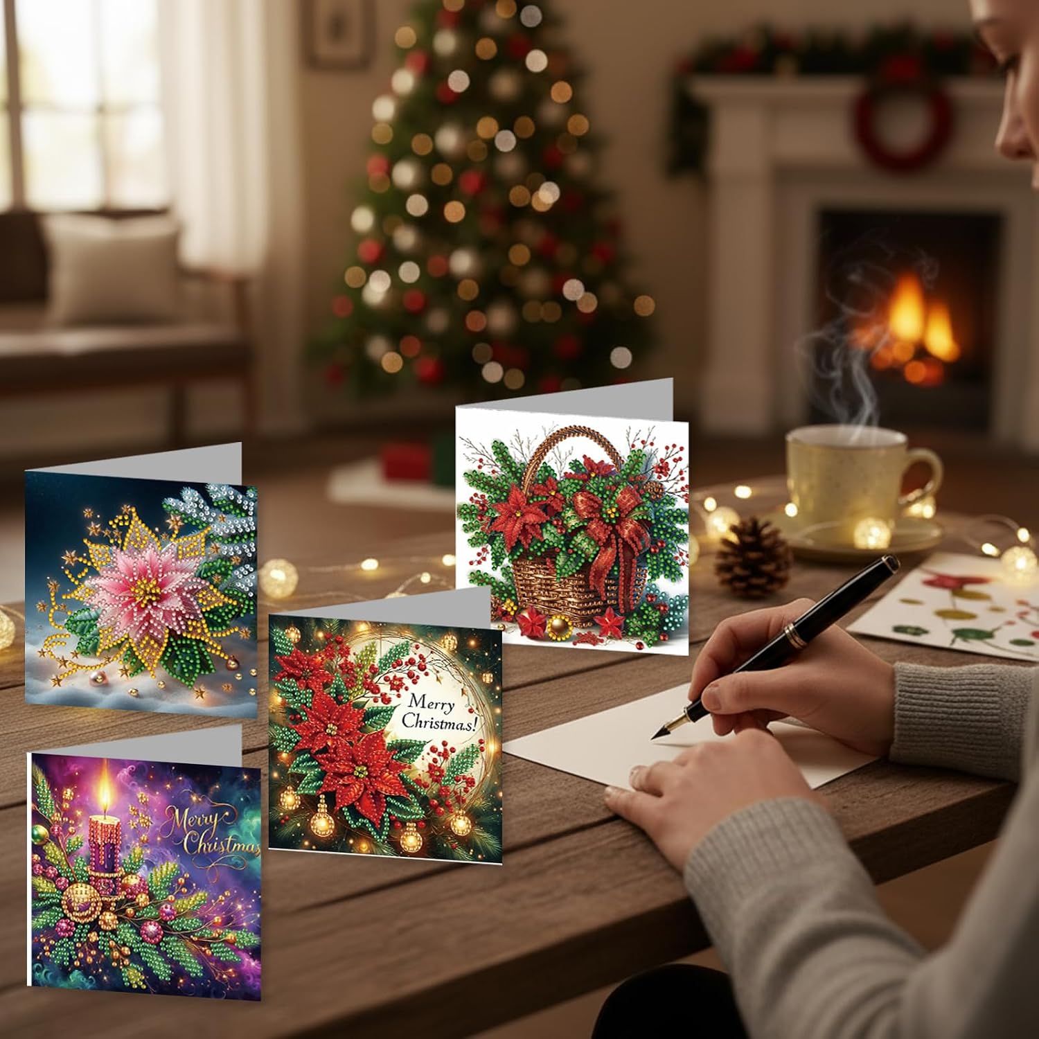 12 Packs Diamond Art Painting Greeting Card Kit with Envelopes, Crystal Gem Greeting Card Kit for Beginner Adult Christmas Holiday Blessing(Xmas Flower)