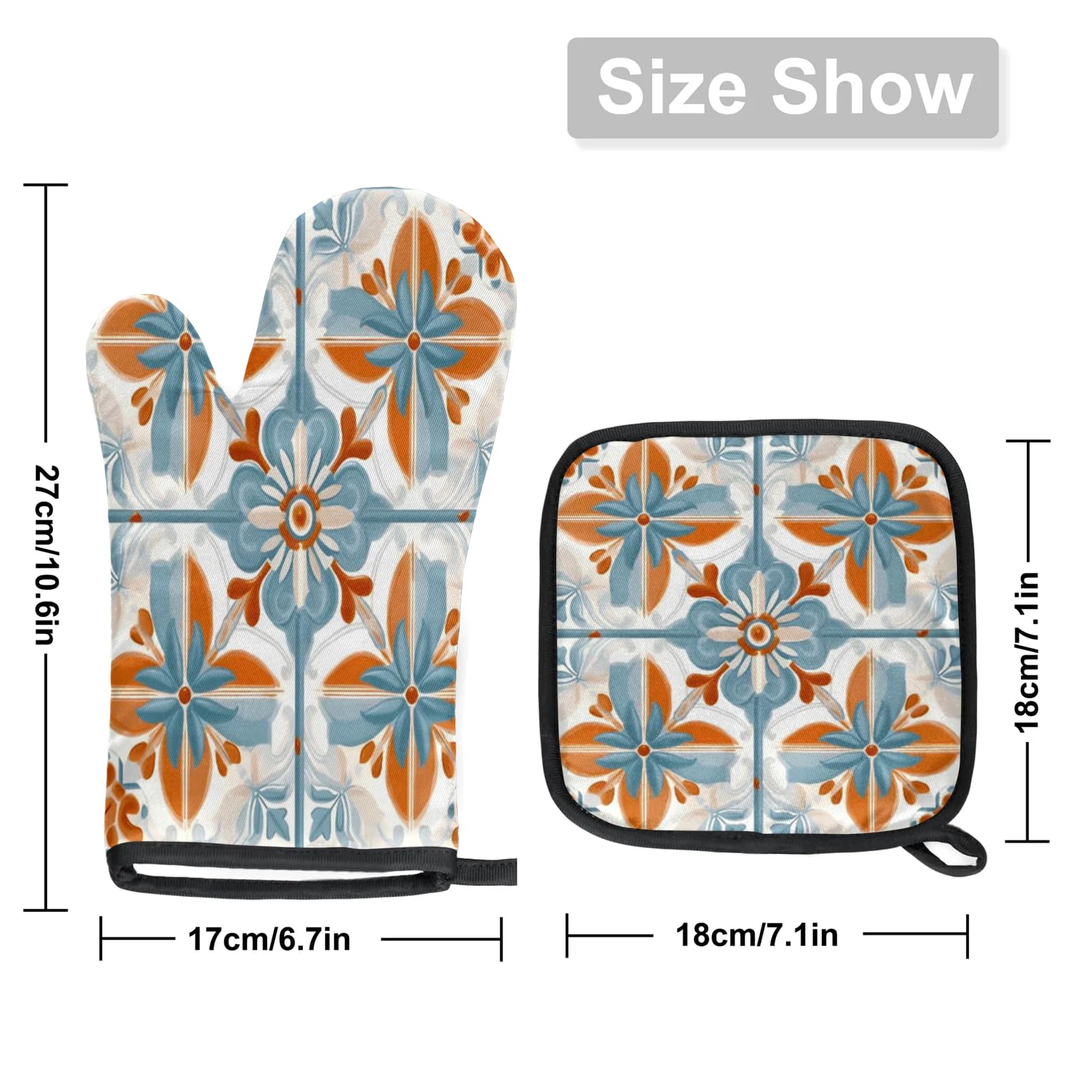 Tile Patterns Oven Mitts Kitchen Oven Gloves for Cooking Baking Heat Proof Lining Cotton Kitchen Potholder Mittens Pot Holders Hot Pads for Chef Women Men