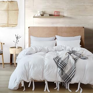 White Bowknot Duvet Cover Set Double, Washed Microfiber Butterfly Bow Tie Bedding Set 3 Pieces (1 Duvet Cover + 2 Pillow Shams), Ultra Soft Comforter Cover with Corner Ties