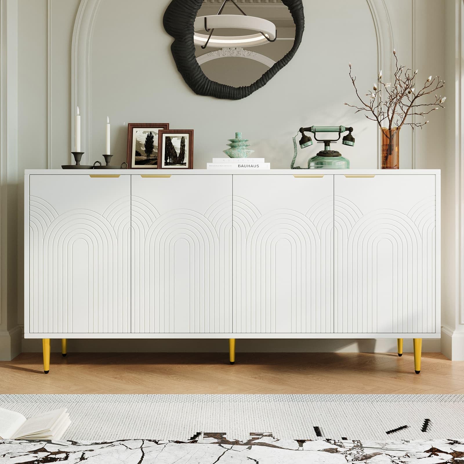 Sweiko Meuble de Rangement 160x80x40cm, Armoire de Cuisine 4 Portes avec Poignées Dorées Brossées et Pieds Brillants, Beaucoup d’Espace de Rangement pour Le Salon et la Cuisine (White)