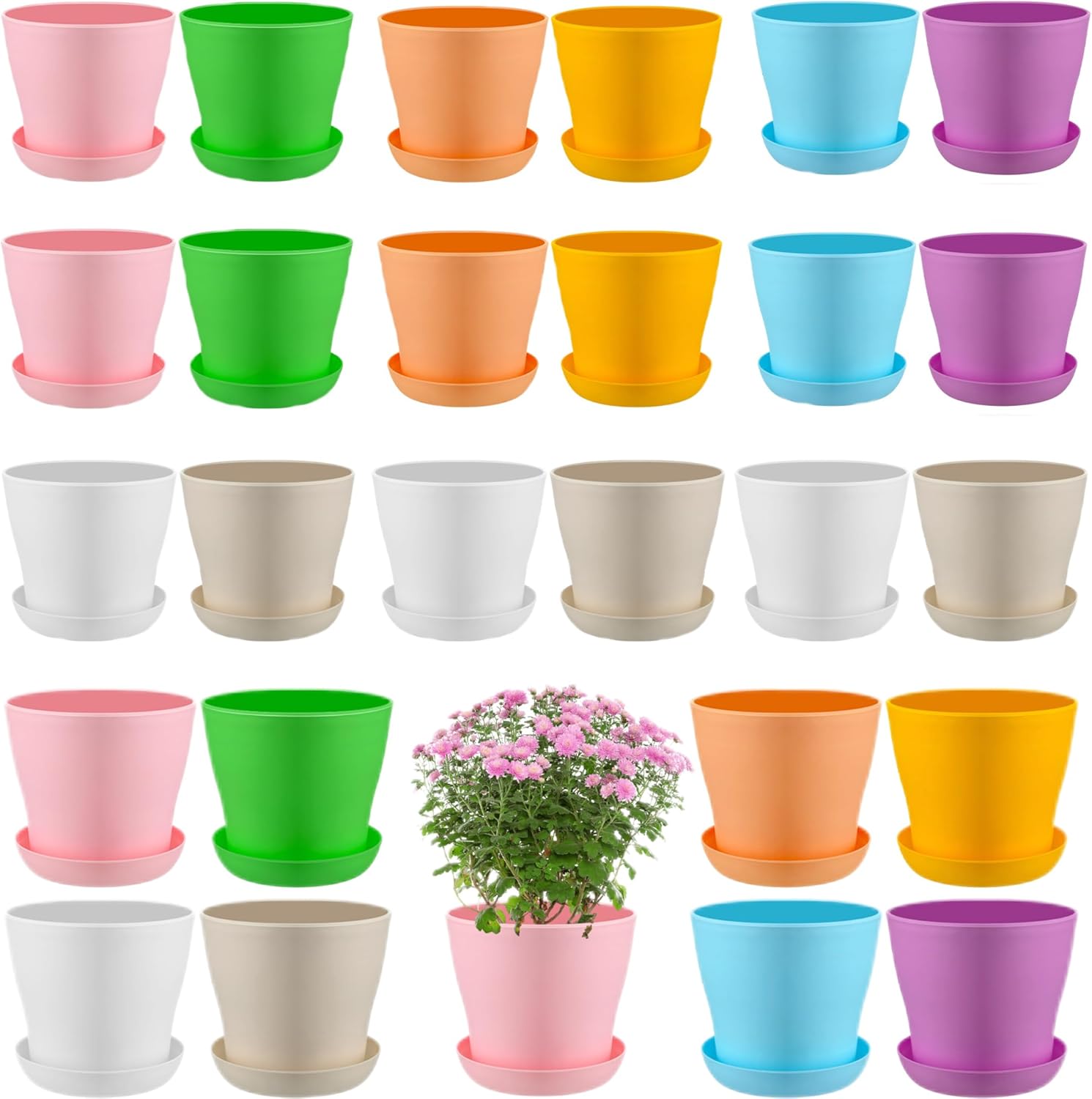 Yaomiao 48 Pcs 4 Inch Colorful Plastic Plant Pots with Tray Flower Plant Pots Seedling Nursery Pots with Drainage Holes for Home Garden Flowers Outdoor Indoor Succulents Plants
