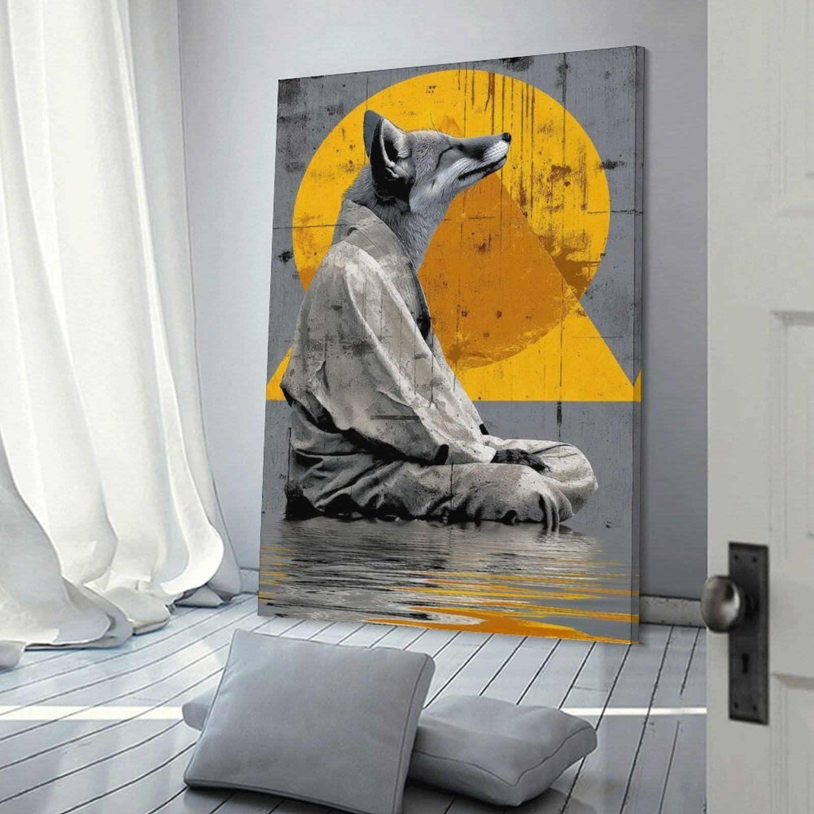 Junmoney Meditating Fox in Kimono Decorative Wall Artwork, 24x36inch(60x90cm), for Corridors, Hallways Or Apartment Entries, Home Artwork for First Impressions