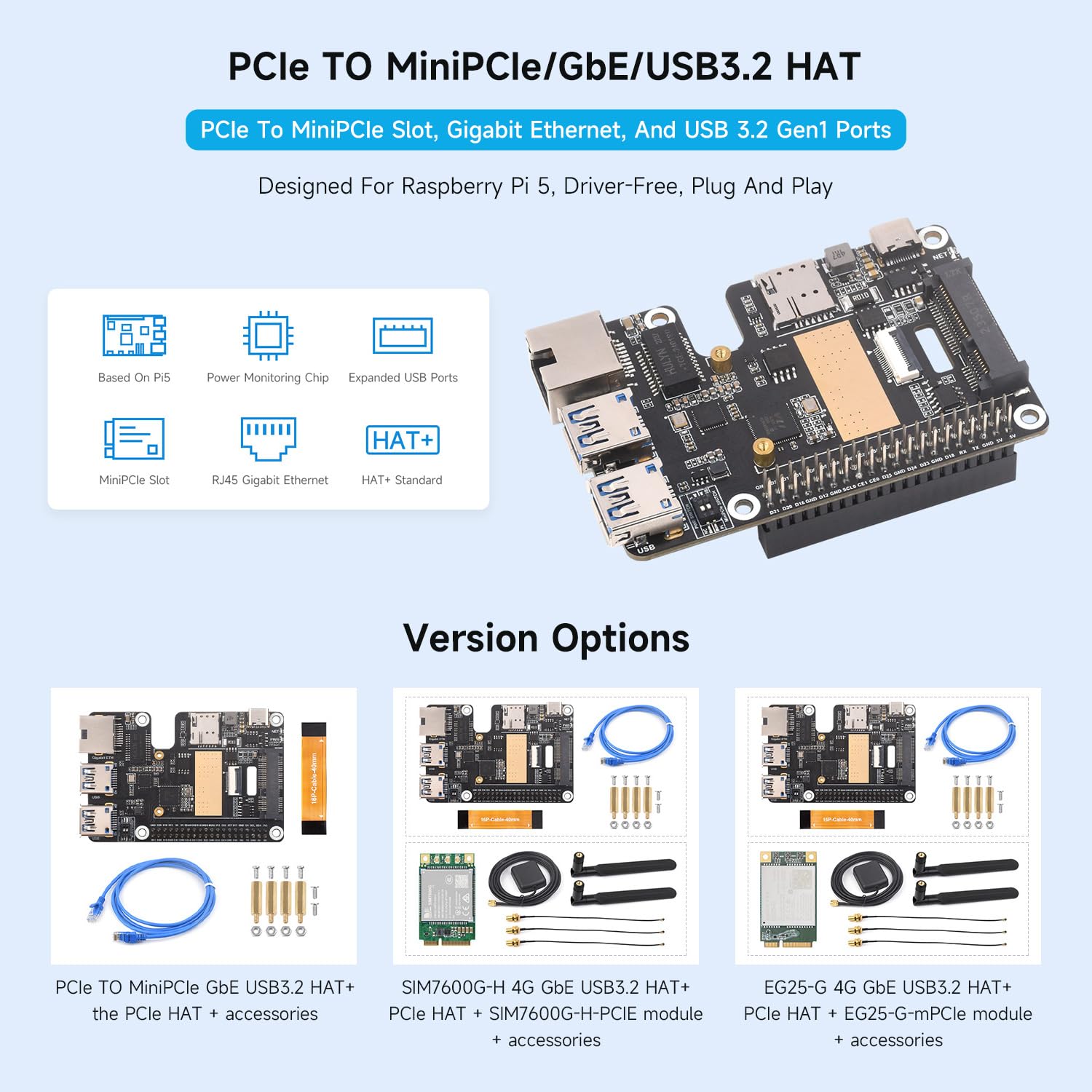 Waveshare PCIe to MiniPCIe/Gigabit Ethernet/USB 3.2 Gen1 HAT+ Compatible with Raspberry Pi 5, Supports Multiple OS and MiniPCIe interface 4G Module (with SIM7600G-H-PCIE),High-speed Networking